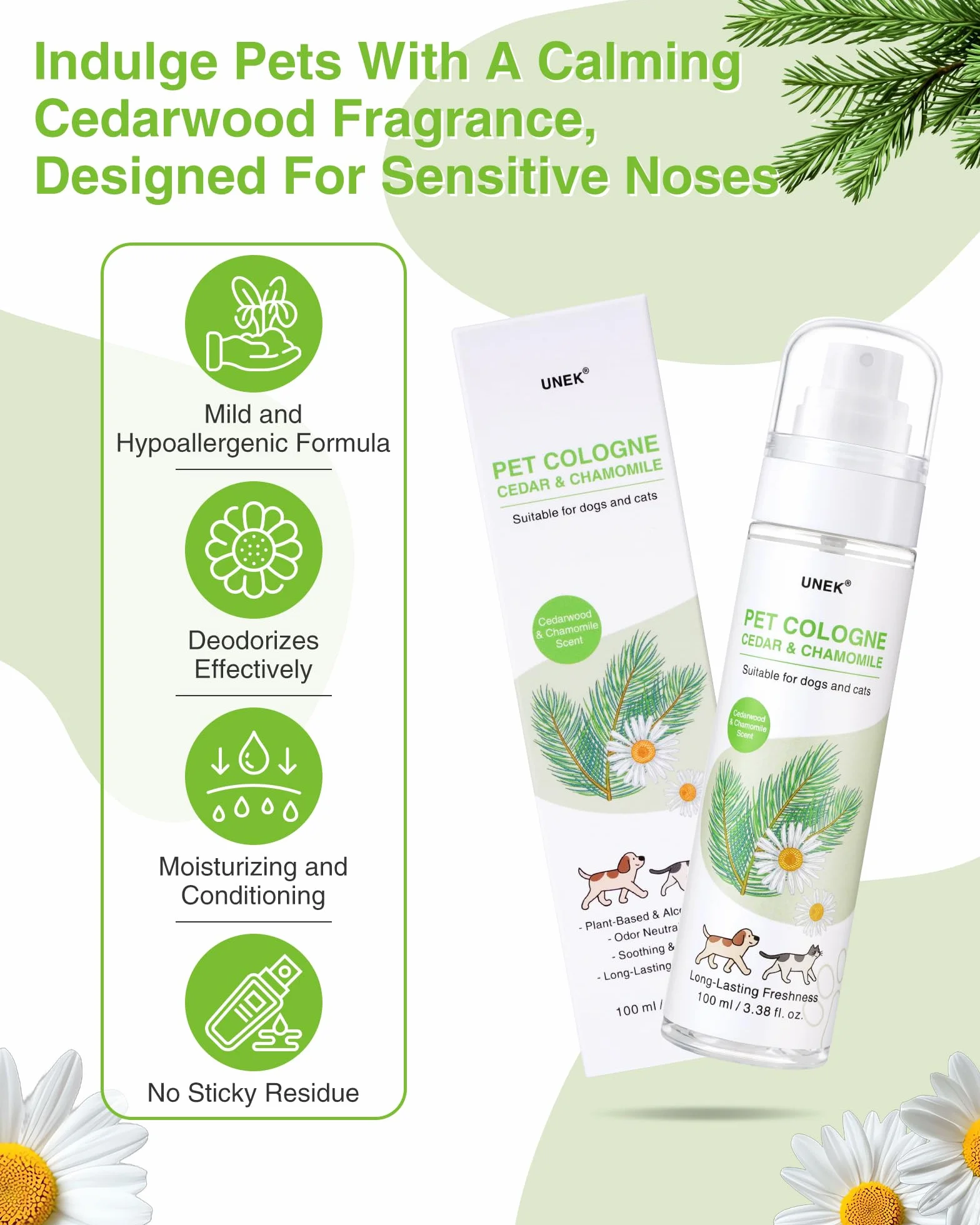 UNEK Perfumy zapachowe dla psów, drewna cedrowego, dla psów i kotów, długo utrzymujący się dezodorant i spray do pielęgnacji sierści, nieklejące się, rozmiary przyjazne w podróży | 100 ml