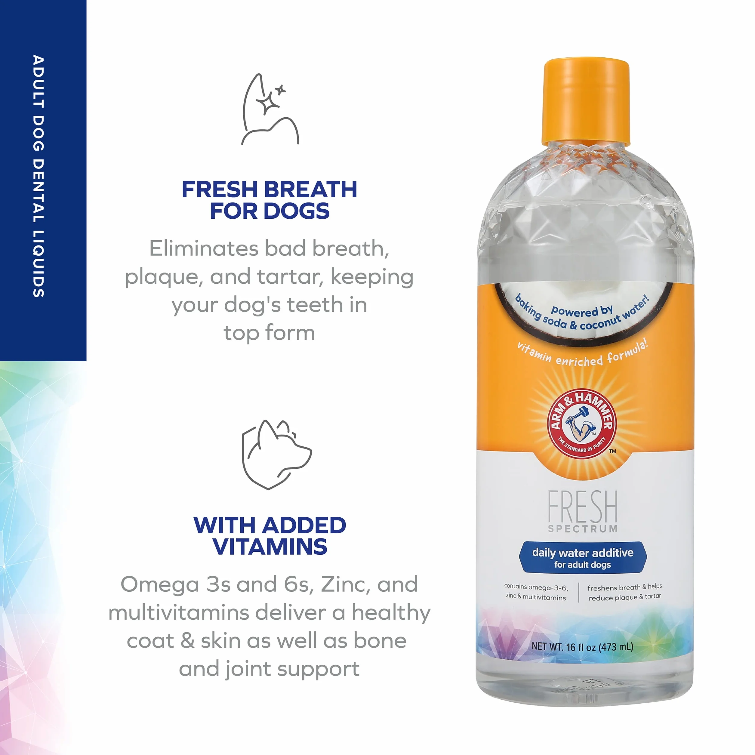 ARM & HAMMER Fresh Spectrum Coconut Mint hondenwateradditief, 473 ml, najlepszy tandverzorging dla honden, verwijdert tandplak en tandsteen