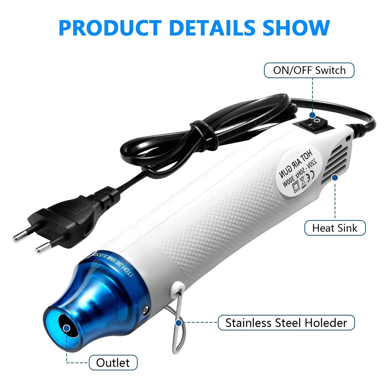 Pistolet termiczny, pistolet na gorące powietrze, profesjonalny pistolet termiczny, 220 V 300 W, przenośny elektryczny pistolet termiczny do ręcznego tłoczenia ciepła, rurki termokurczliwe, tworzenie