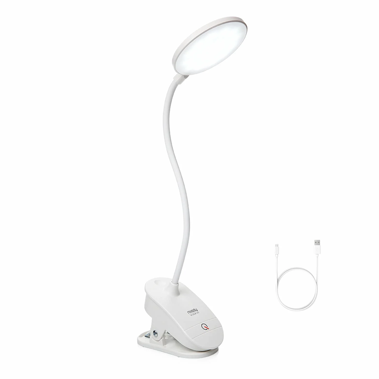 Miady Lampka do czytania na łóżko, lampka zaciskowa z akumulatorem do ponownego ładowania przez USB, 3 poziomy jasności, ochrona oczu, lampa zaciskowa, sterowanie dotykowe, elastyczna łabędzia szyja