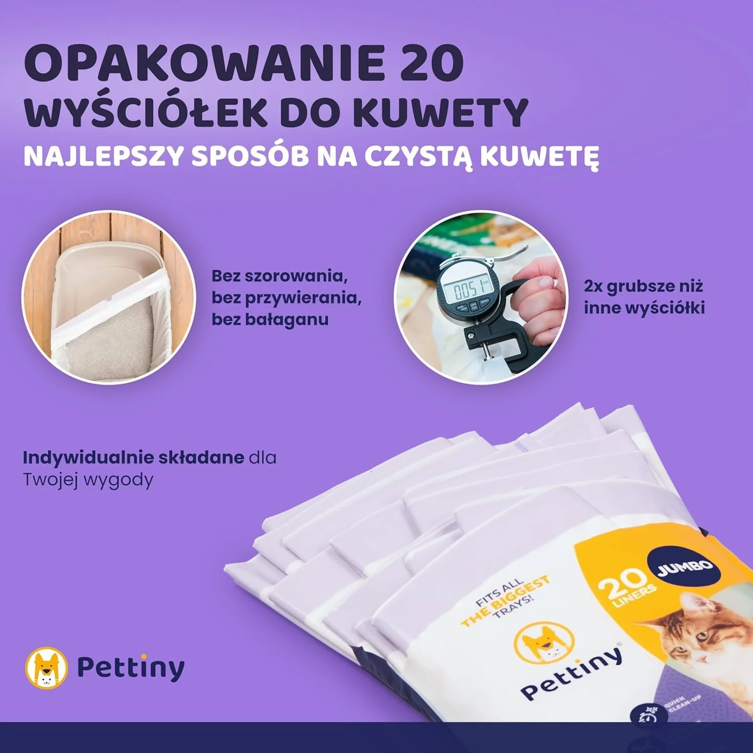 Pettiny Jumbo Worki do Kuwety z Taśmami – Opakowanie 20 Torb Odpornych na Zadrapania do Wielkich Kuwet