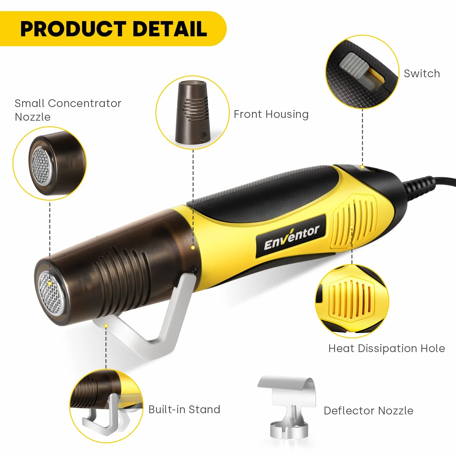 ENVENTOR Mini pistolet termiczny, 450 W, mini pistolet na gorące powietrze z dyszą odblaskową, tryb 2 temperatury 300℃-450 ℃, szybkie nagrzewanie, do chowanego owijania, usuwania farby