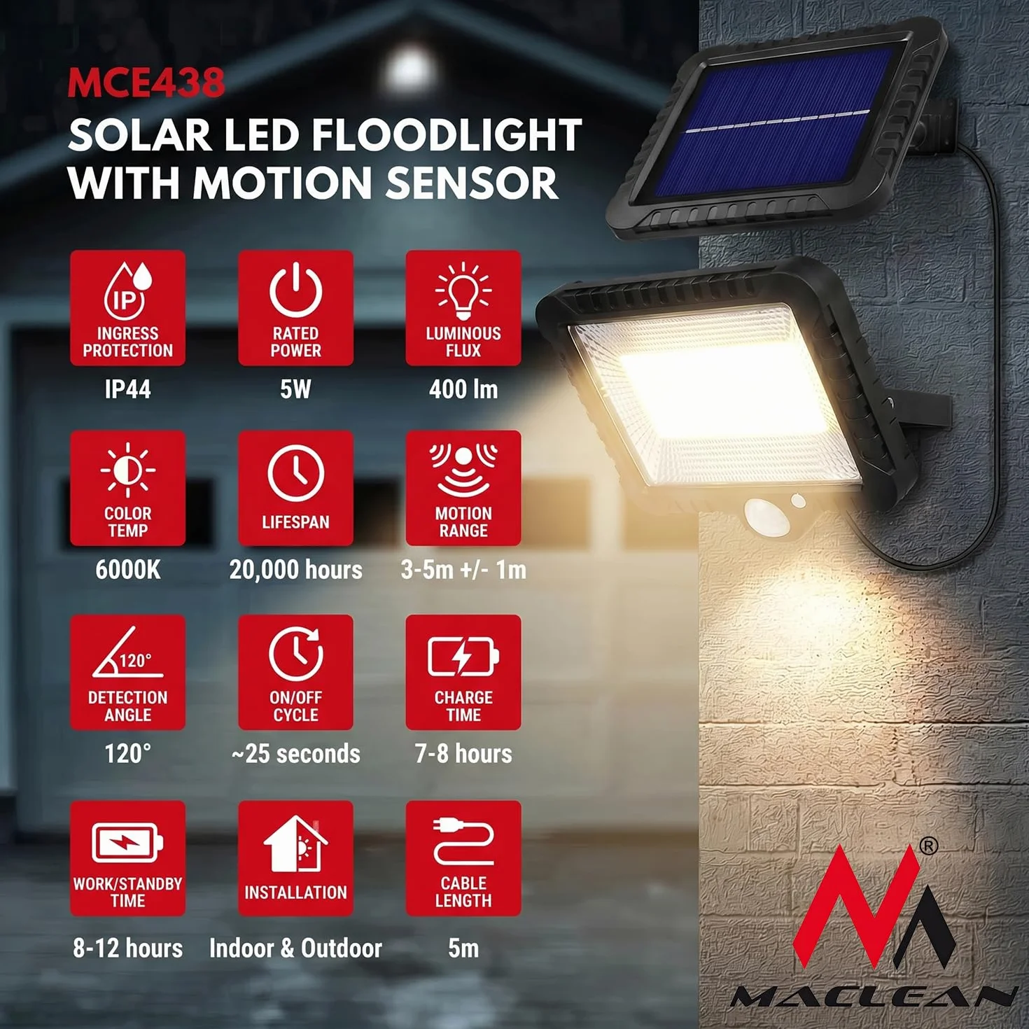 Maclean MCE438 Reflektor LED z Czujnikiem Ruchu, Reflektor Ścienny z Czujnik Zmierzchu, Lampa Solarna IP44, 5 W, 400 lm, 6000 K, zimna biel, 1 sztuka, Czas Czuwania Czujnika Ruchu Wynosi do 12 Godzin