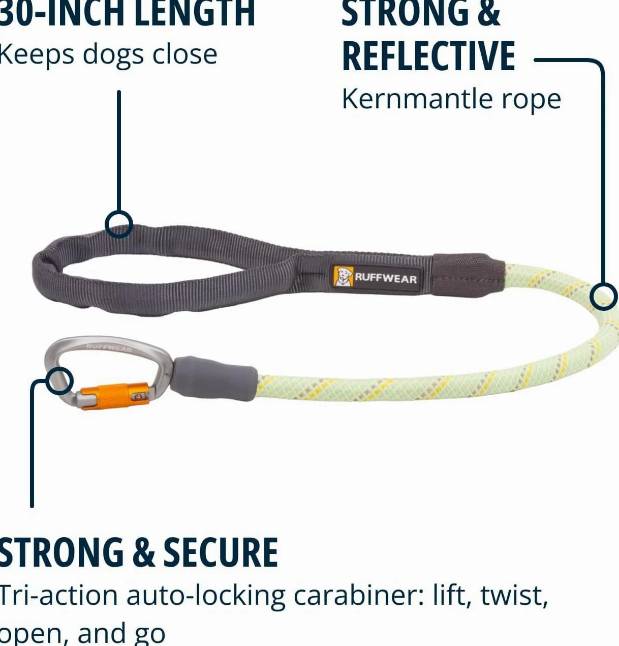 RUFFWEAR Knot-a-Long krótka smycz dla psa, bez ciągnięcia, 0,7 m z wyściełanym uchwytem, lekka i wytrzymała smycz dla psa, zapobiegająca plątaniu się i ciągnięciu, bezpieczny karabińczyk blokujący,