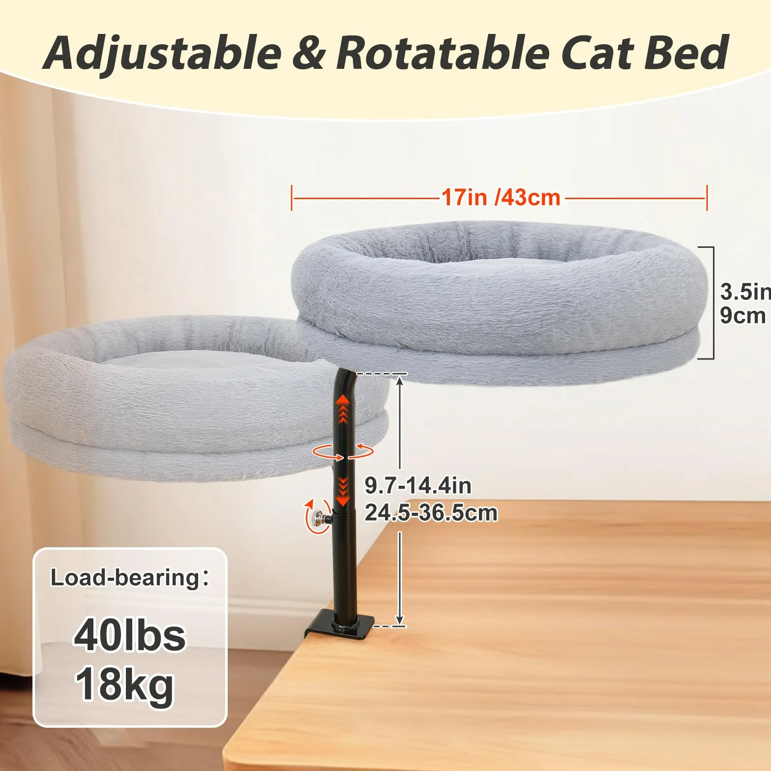 GUUSII HOME Legowisko dla kota obrotowe 360° regulacja wysokości podwieszane mocowane do blatu średnica 43 cm do 18 kg Szary