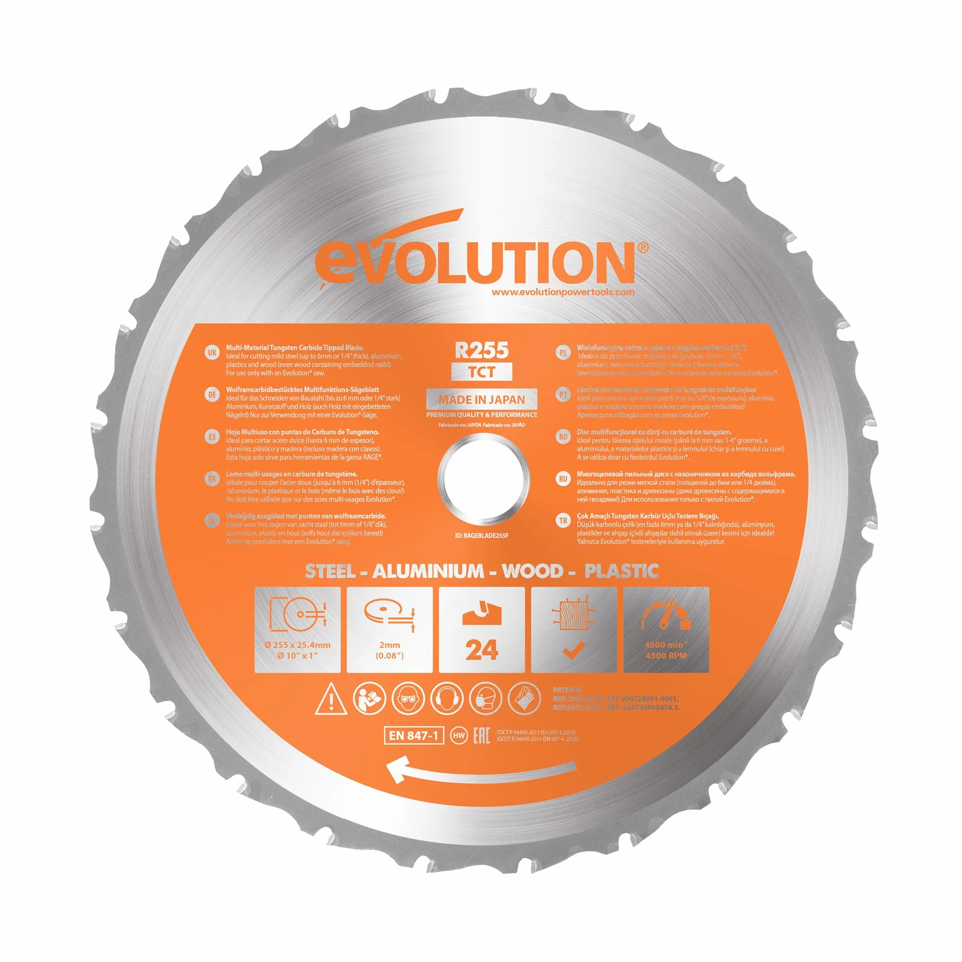 Evolution Power Tools Tarcza RAGEBLADE210MULTI (R210TCT) TCT do różnych materiałów, tnie drewno, metal, plastik i nie tylko, do użytku z ukośnicami, przecinarkami, 210 mm