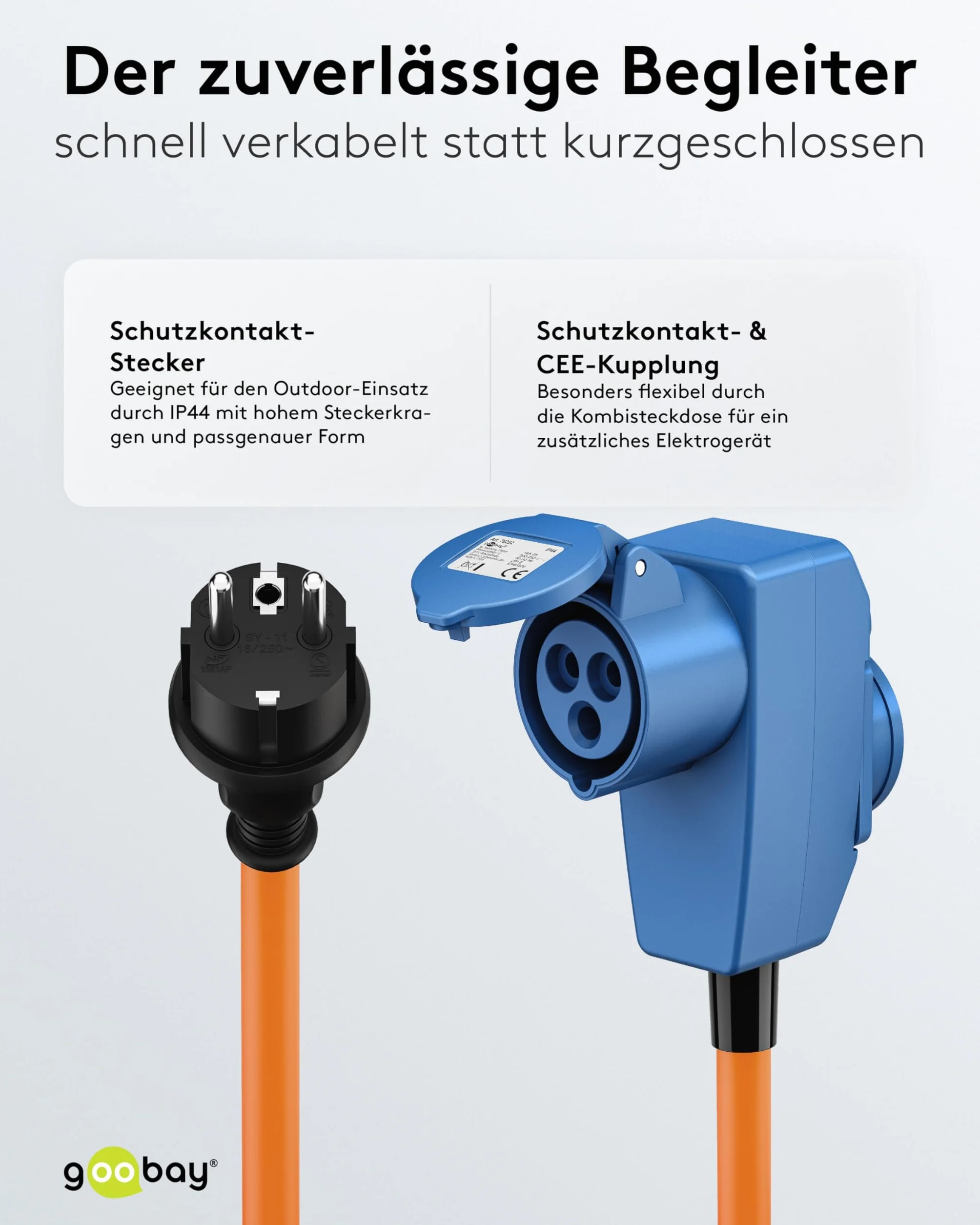 goobay Kabel adaptera CEE do przyczepy kempingowej, 1,5 m, wtyczka ze stykiem ochronnym do 90° CEE i gniazdkiem ochronnym ze stykiem ochronnym z nasadkami zamykającymi, kabel kempingowy, samochód