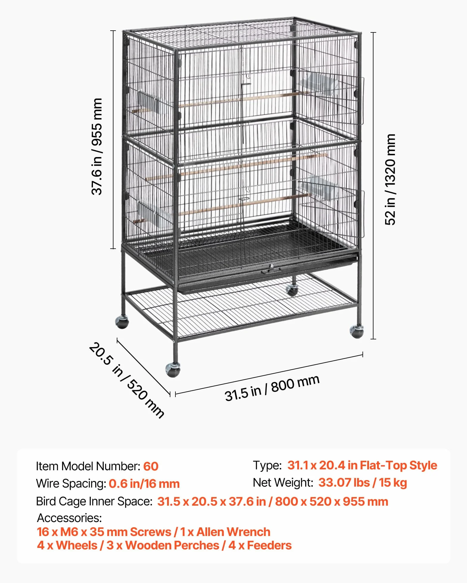 VEVOR Klatka dla ptaków 80 x 52 x 132 cm woliera z grzędziami i tacą