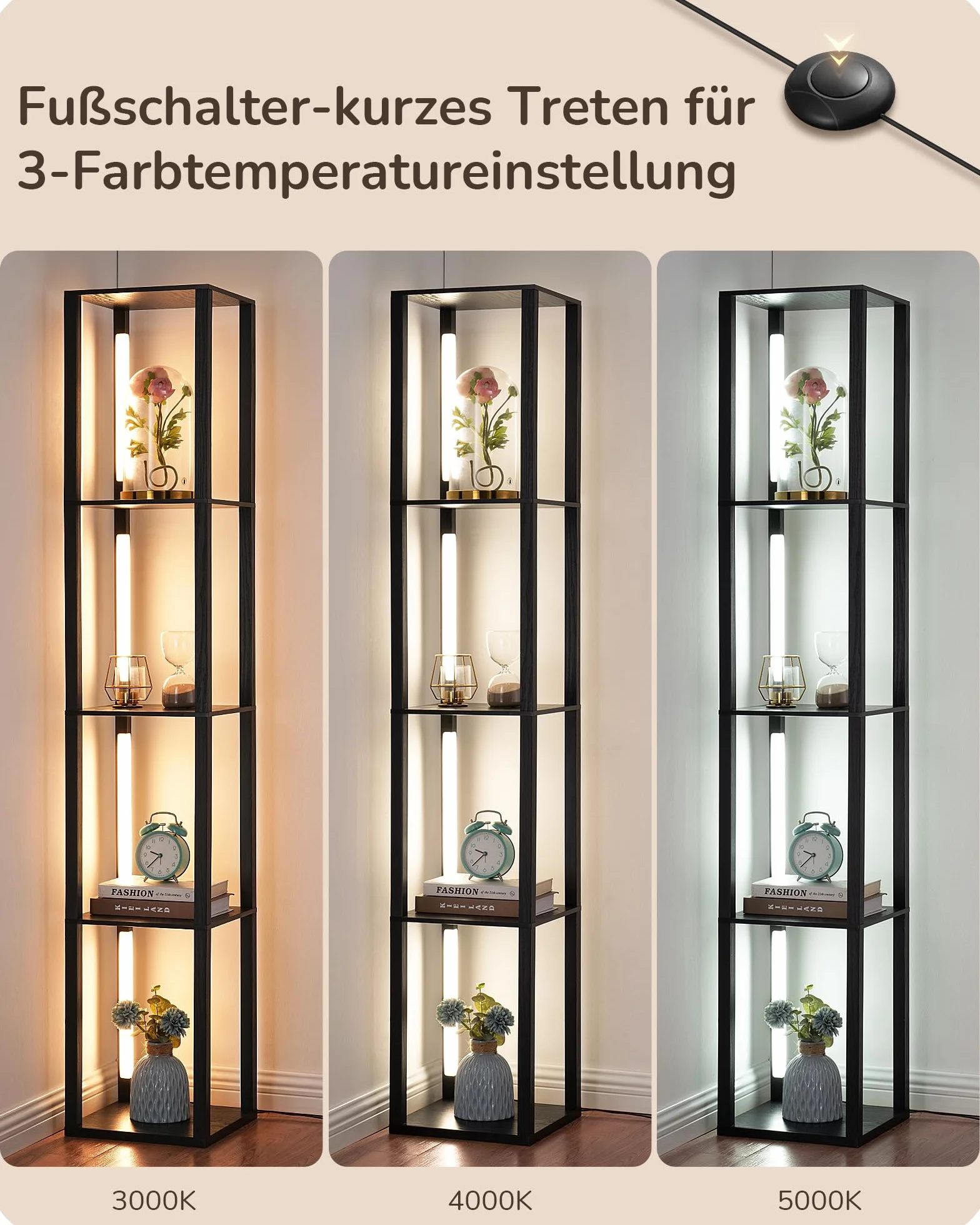EDISHINE Lampa stojąca z regałem, możliwość ściemniania, 3 temperatury barwowe, 20 W, 1530 lumenów, 163 cm, regał narożny z obracanymi diodami LED o 360° i przełącznikiem nożnym, nowoczesne