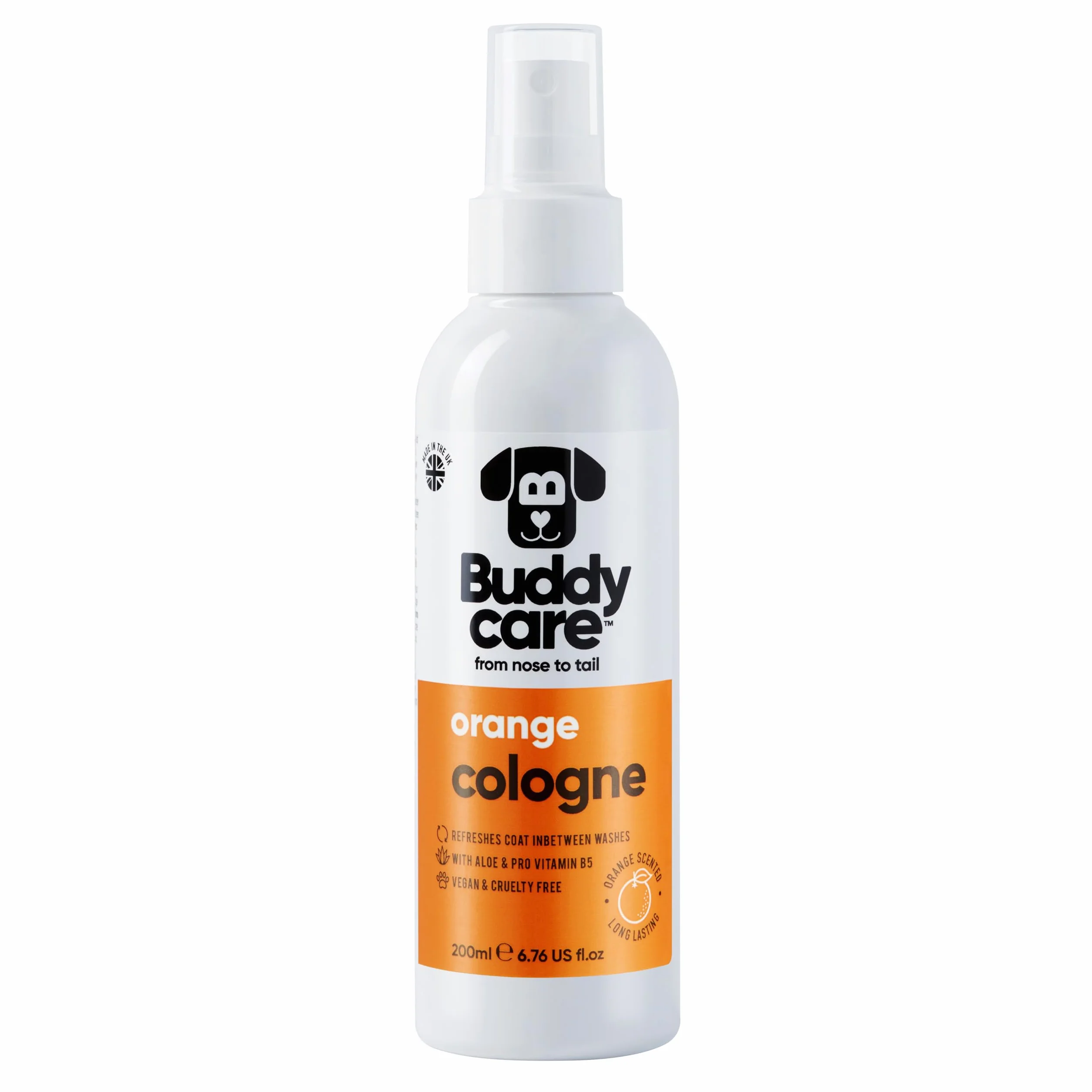 Buddycare Pomarańczowe perfumy dla psów, owocowy, odważny zapach, chłodzi między praniem psów, aloes i prowitaminą B5 (200 ml, 1 sztuka)