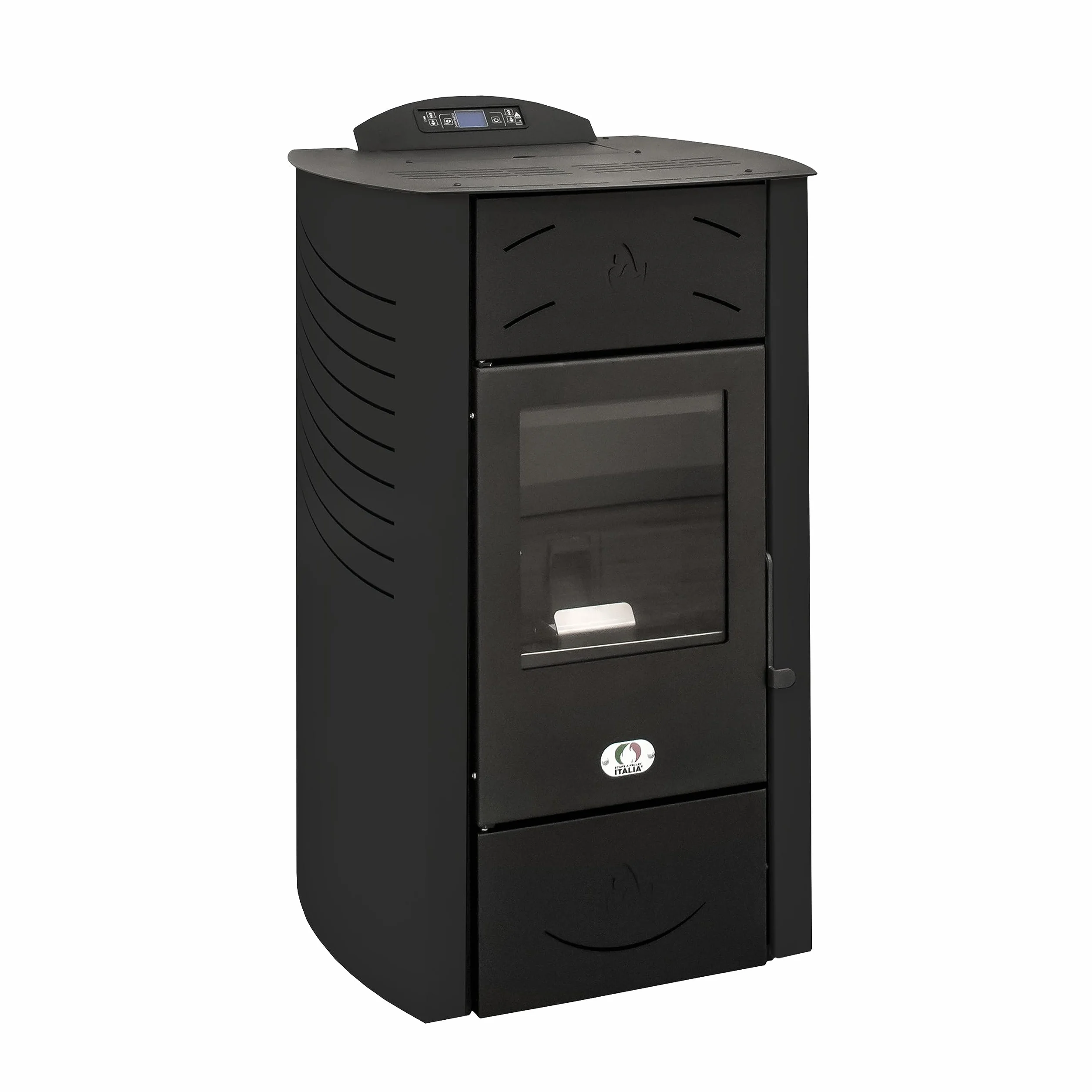 STUFE A PELLET ITALIA Syberia Hydro 15 kW WiFi - wodny piec na pellet WiFi, ciepło do otoczenia i ciepłej wody, wydajność 90% ciepła 90 m², czas pracy 20 h, programowalny 5 mocy, 24 miesiące czarny