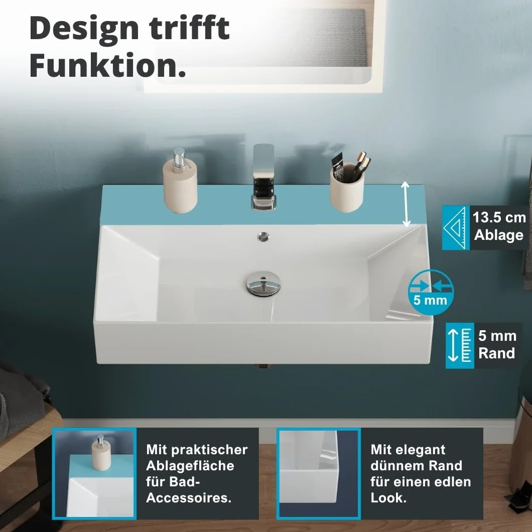Aqua Bagno umywalka prostokątna 70 cm ceramiczna biały połysk z otworem na baterię i przelewem