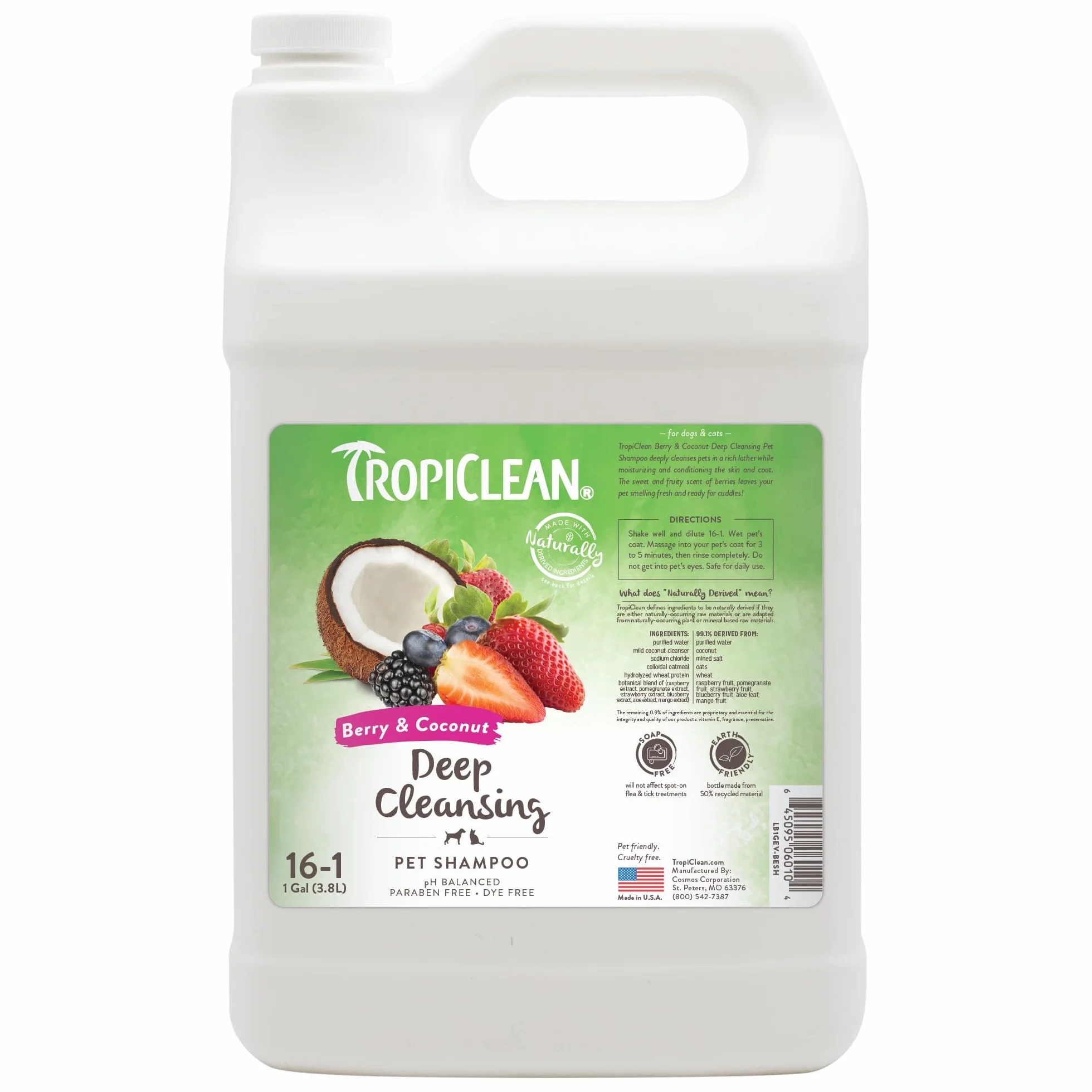 Tropiclean Szampon dla zwierząt domowych - głębokie czyszczenie - oczyszcza, nawilża, zmiękcza skórę i sierść I dla psów i kotów I bez parabenów, barwników, mydła - jagoda i kokos, 3,78 l