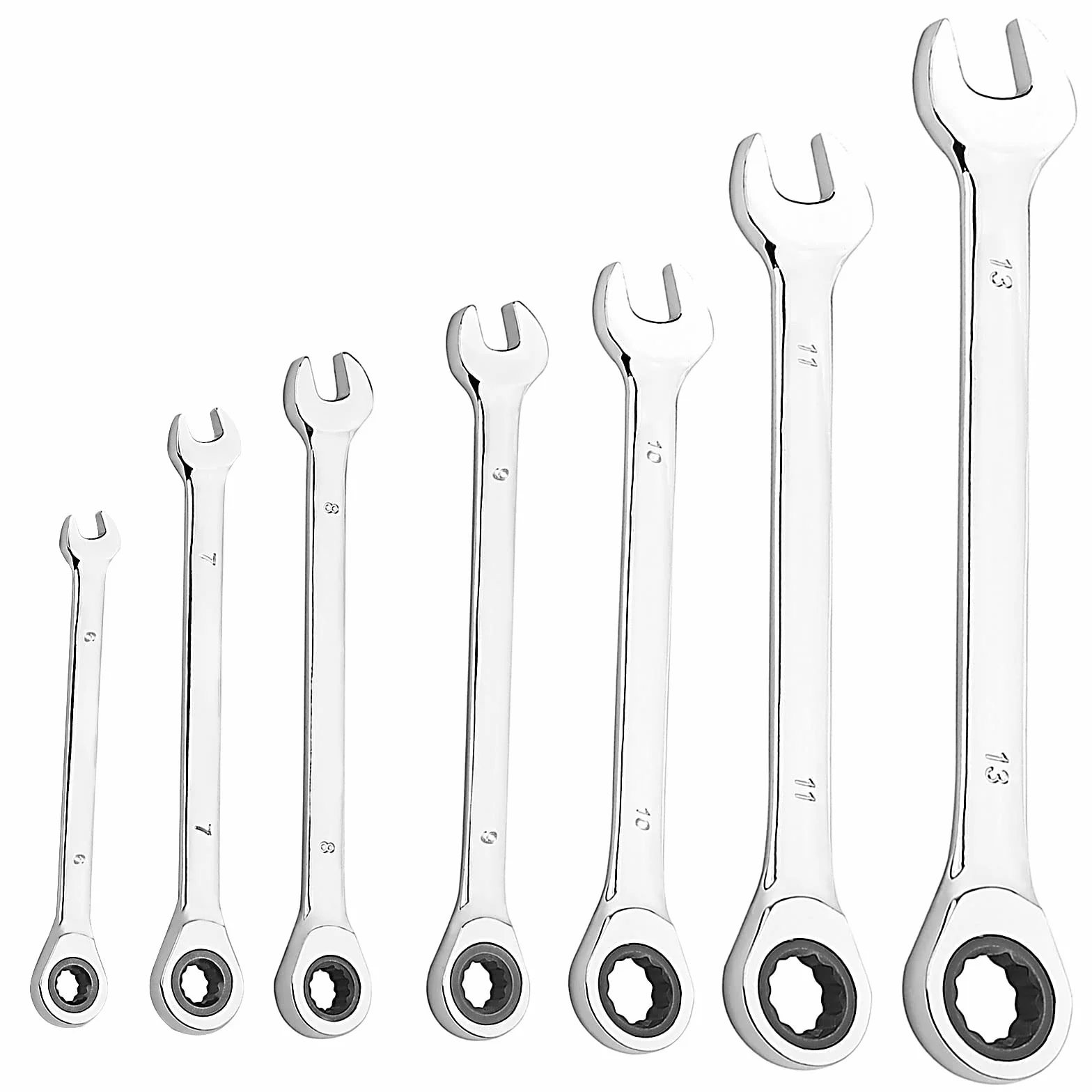Zestaw 7 kluczy z grzechotk?, 6, 7, 8, 9, 10, 11, 13 mm, klucz p?asko-oczkowy z grzechotk?, 72 z?by