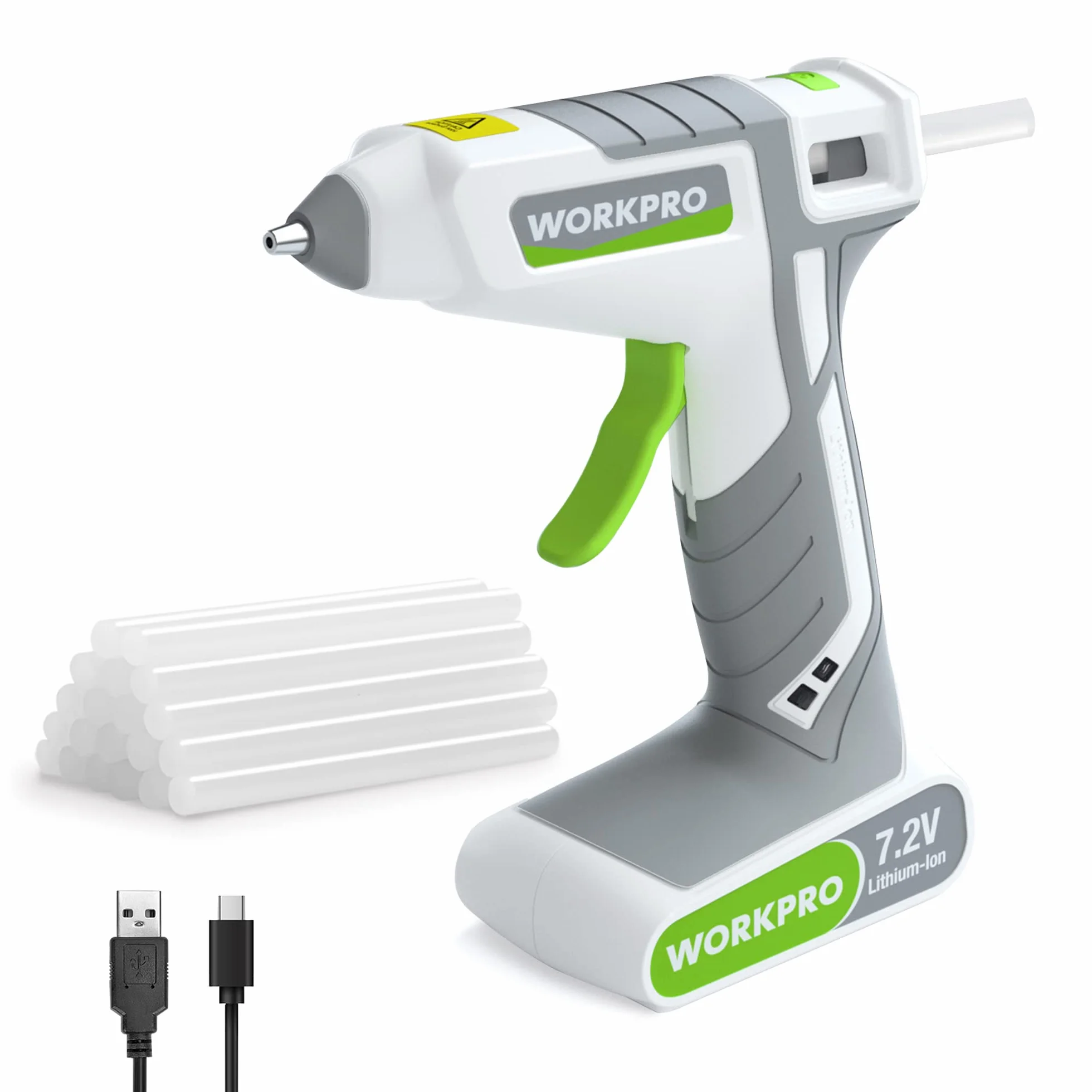 WORKPRO Bezprzewodowy pistolet do klejenia na gorąco 7,2 V 2000 mAh 20 klejami 7 x 100 mm automatyczne wyłączanie szybkie nagrzewanie 40S