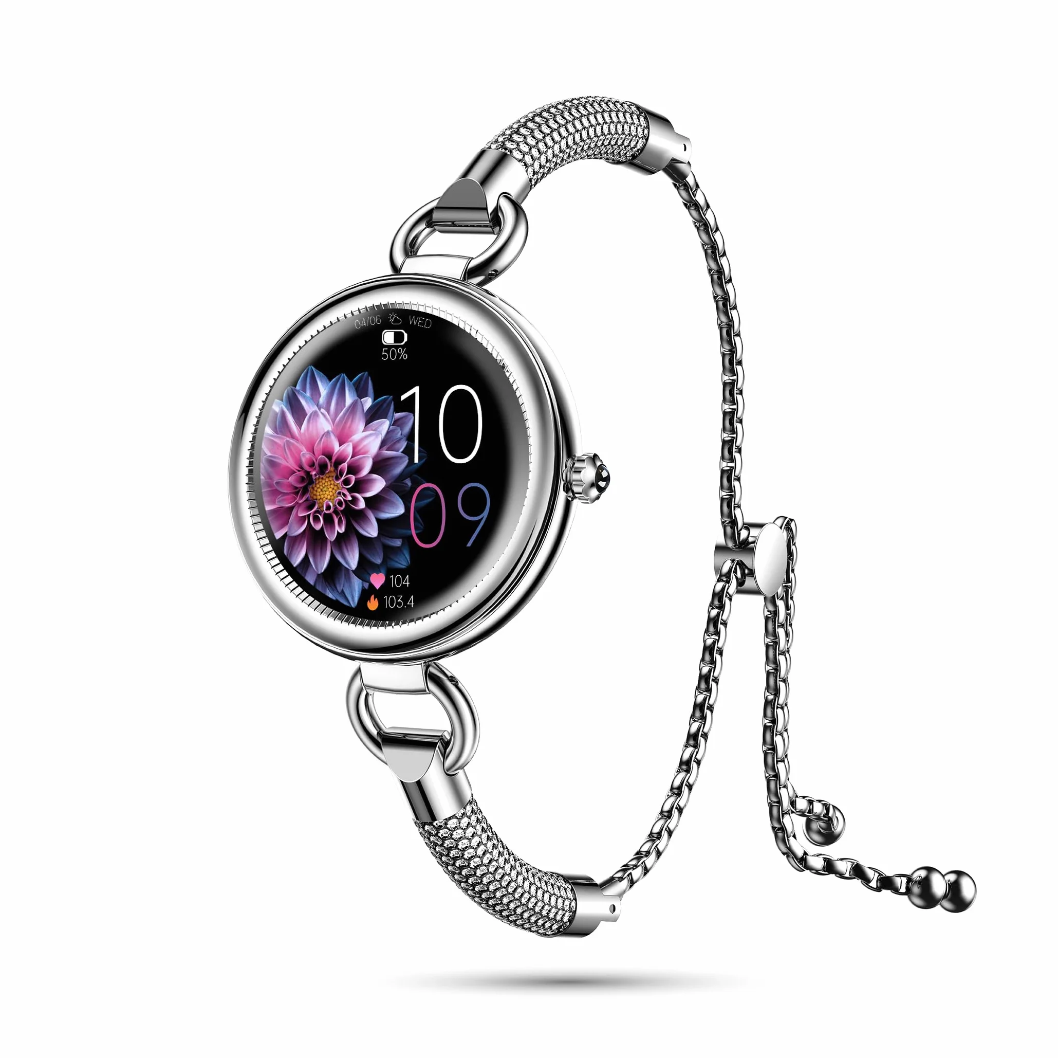 Nowość LSBEAUTY Rhinestone Inteligentny zegarek damski Smartwatch Tlen krwi, napięcie krwi, tętno, krokomierz pogoda muzyka inteligentna bransoletka iOS/Android srebrny