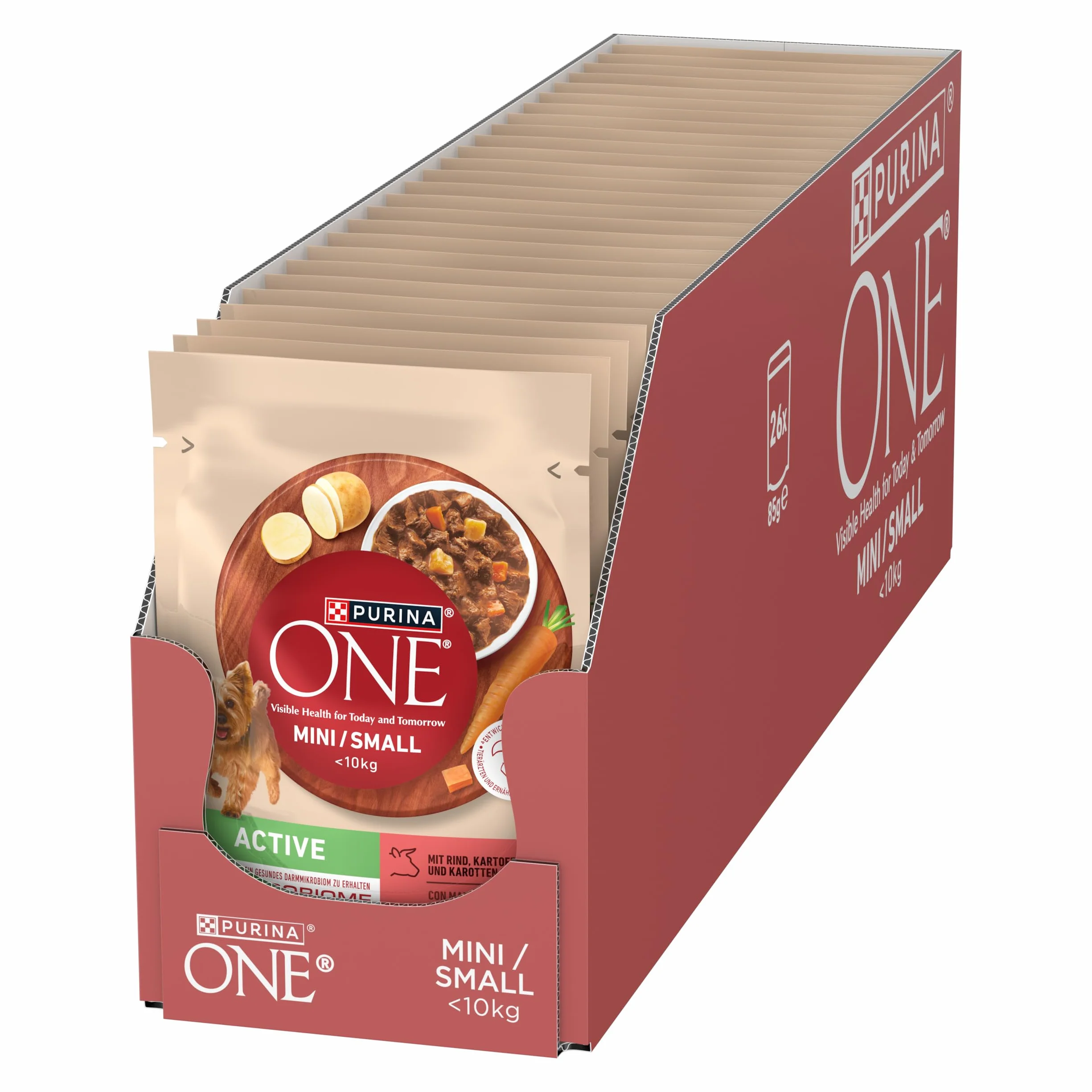 PURINA ONE Mini/Small Active mokra karma dla małych psów, bogata w wołowinę i warzywa, 26 sztuk (26 x 85 g)