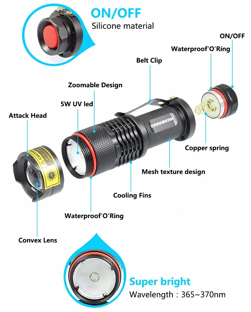 DARKBEAM Latarka UV 365 nm Światło Wood's Lampa Blacklight Ultrafioletowe LED Mini Torebka Detektor Plam Psiego Moczu Zwierząt 370 nm Identyfikacja Antyfałszerstw, Utwardzanie Żywicą
