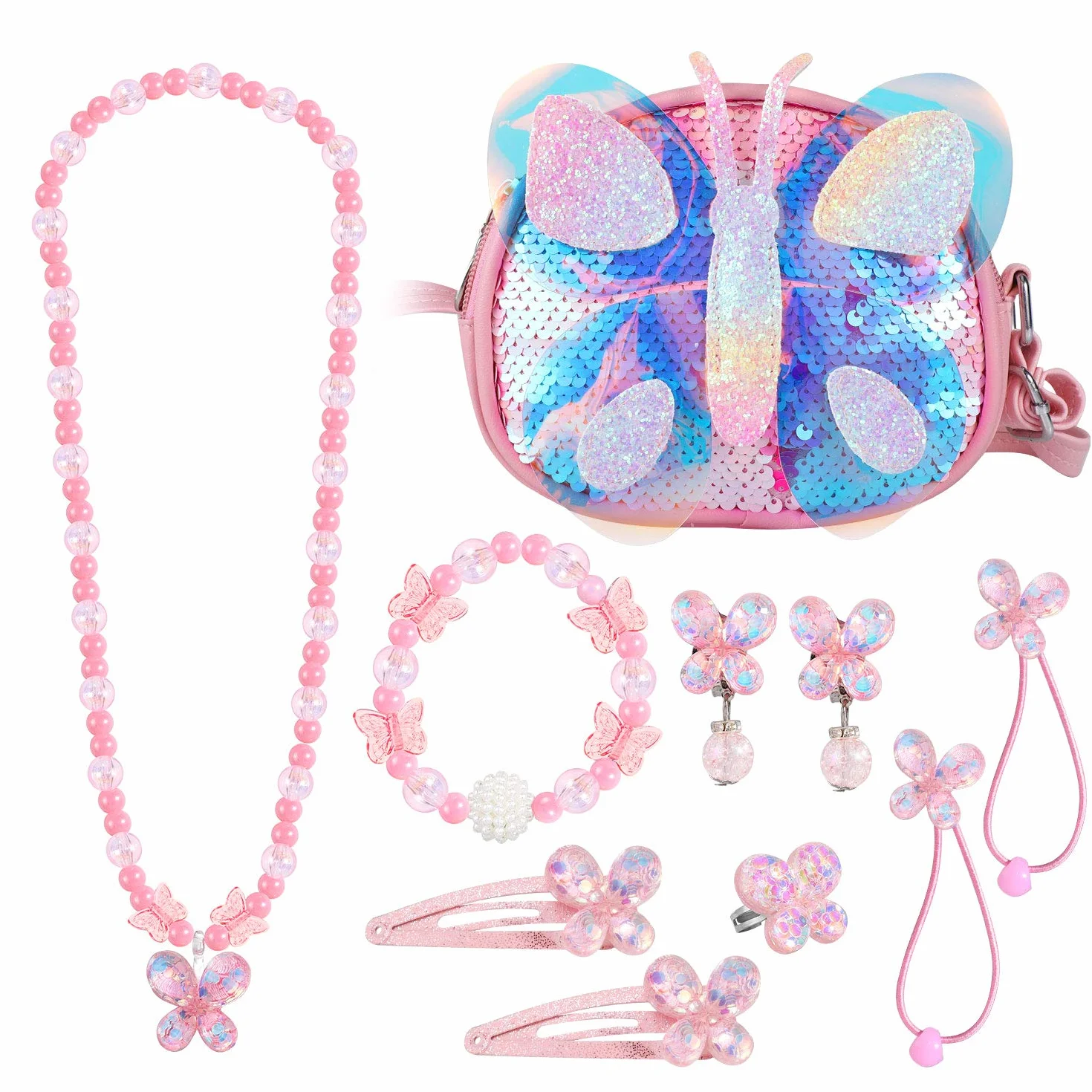 HIFOT Portmonetka z motylem dla małych dziewczynek z klipsem na kolczyki, pierścionki, naszyjnik, bransoletka, przebranie, zestaw biżuterii, torby crossbody, prezenty na przyjęcie dla dzieci, prezent