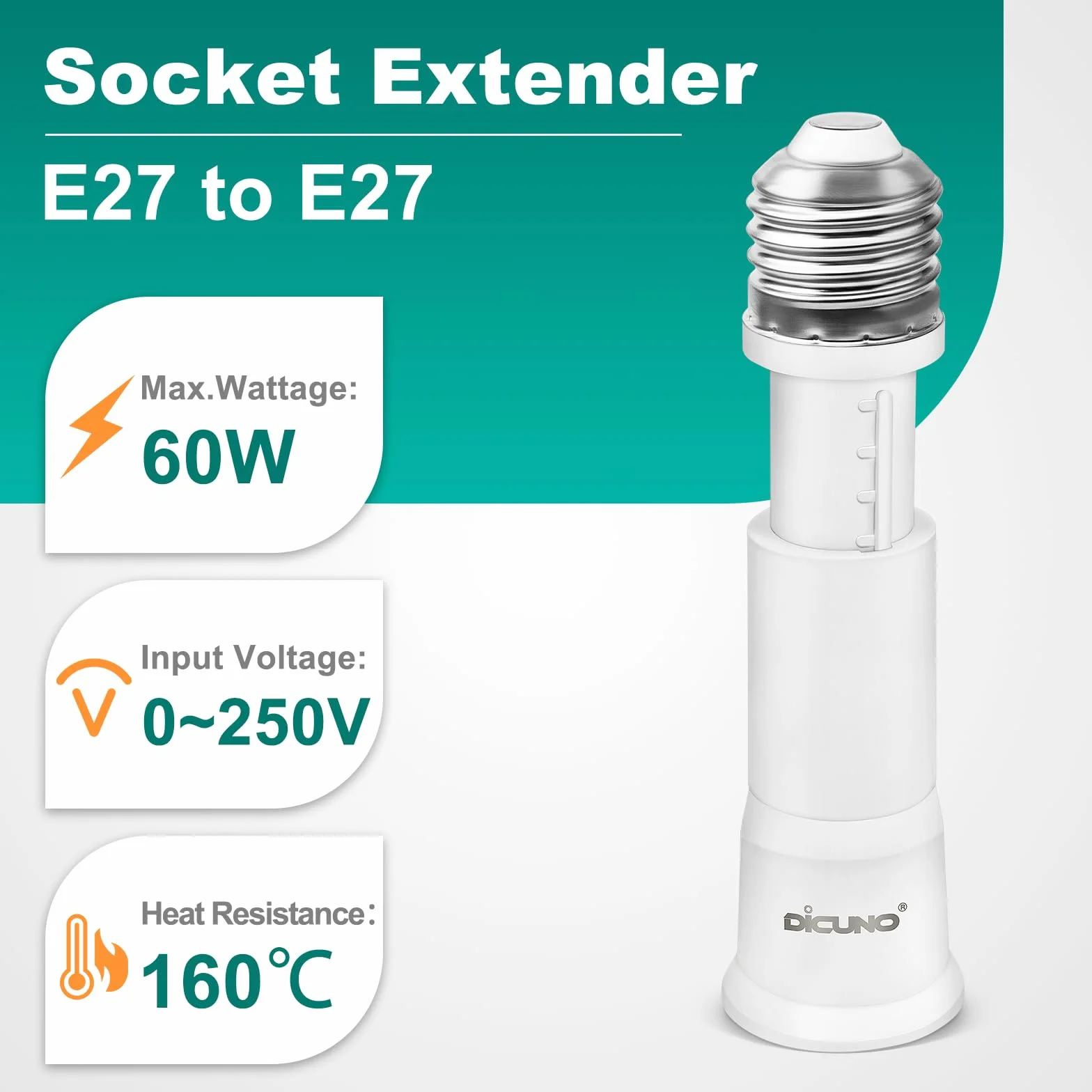DiCUNO Adapter oprawki E27, regulowane przedłużenie lampy, elastyczny konwerter cokołowy, 10-13 cm, 60 W, 250 V, odporny na wysokie temperatury do 160°C, tworzywo sztuczne PBT, 2 sztuki w opakowaniu