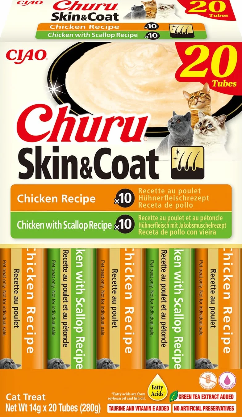 INABA Churu Skin & Coat kremowe przysmaki dla kotów z Omega 3 Omega 6, tauryną i witaminą E, kurczak 20 x 14 g, bez zbóż, bez cukru, bez produktów ubocznych, smakołyki dla kotów
