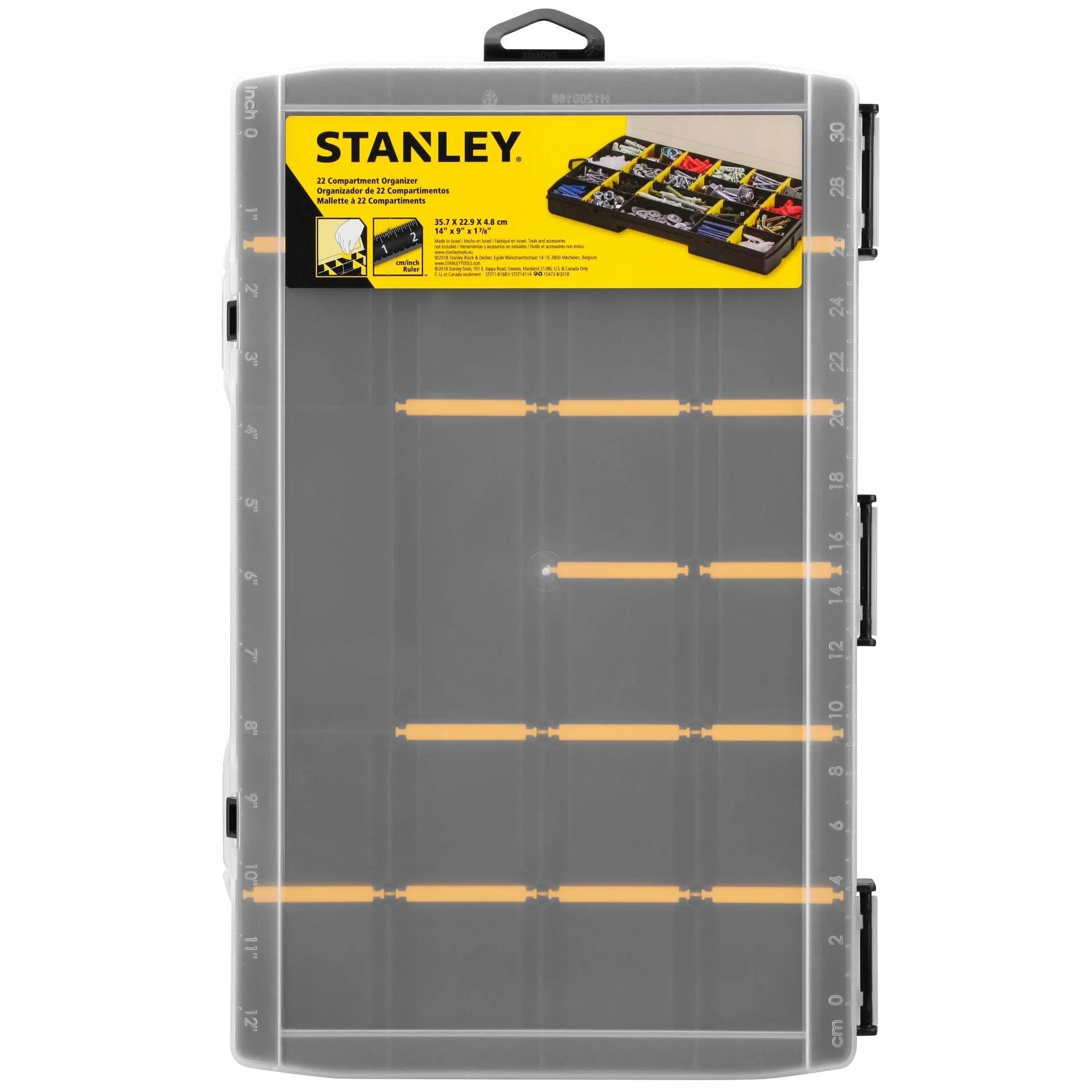 Stanley STSTST81681-1 organizer OPP (pudełko do przechowywania akcesoriów i małych części z odpornego na uderzenia polipropylenu, 22 przegródki ze zdejmowanymi ściankami działowymi, wbudowana linijka)