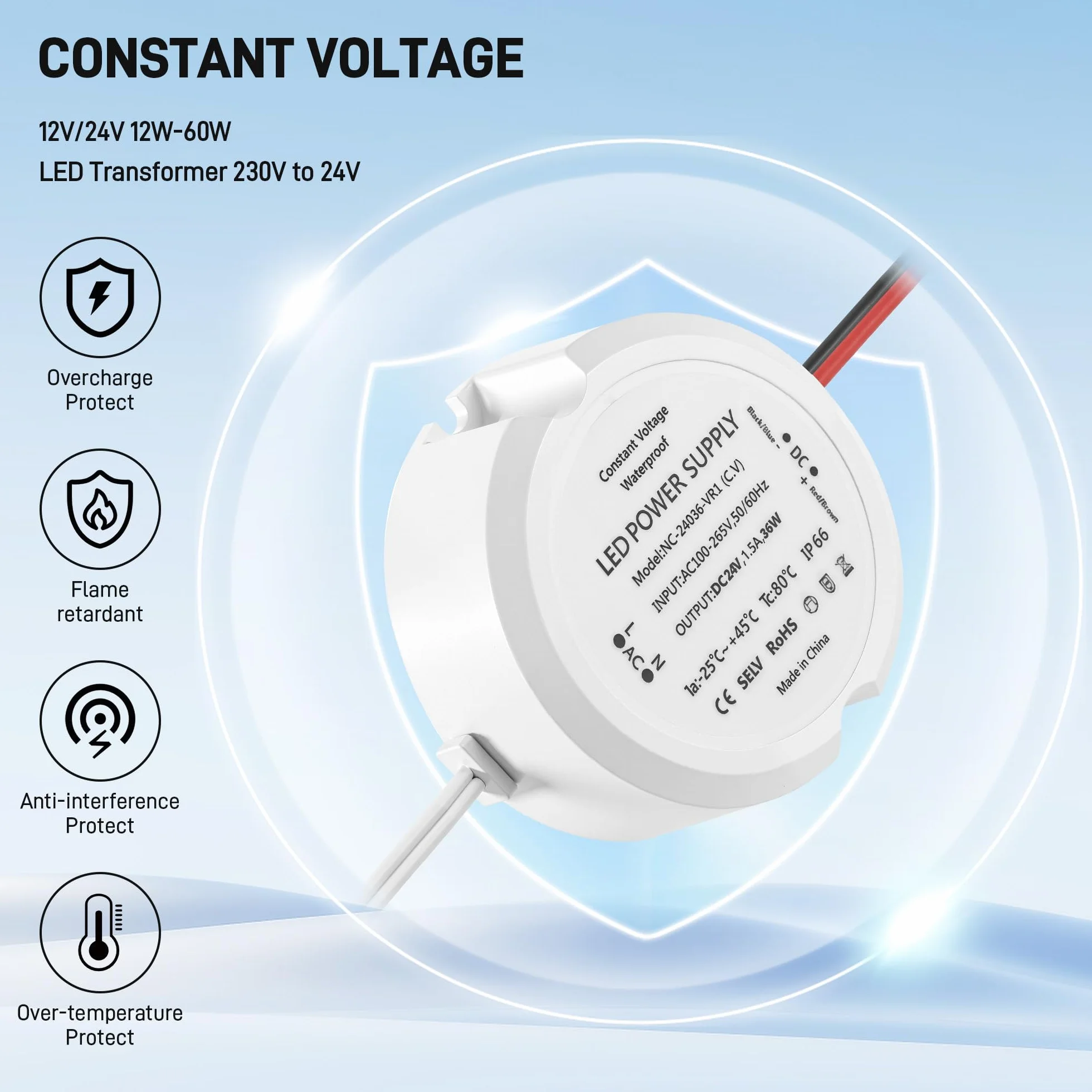 Transformator 230 V AC na 24 V DC 1,5 A, zasilacz sieciowy LED 24 V, 36 W, IP66, wodoszczelny sterownik LED, ultra mały odłączający