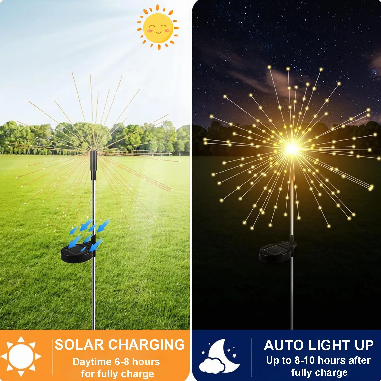 Dekoracja ogrodowa, solarna lampa ogrodowa, do użytku na zewnątrz, do ogrodu, 2 sztuki, 150 LED, lampki ogrodowe, fajerwerki, 8 trybów pracy, wodoszczelne, do ścieżek, skrzynek na kwiaty