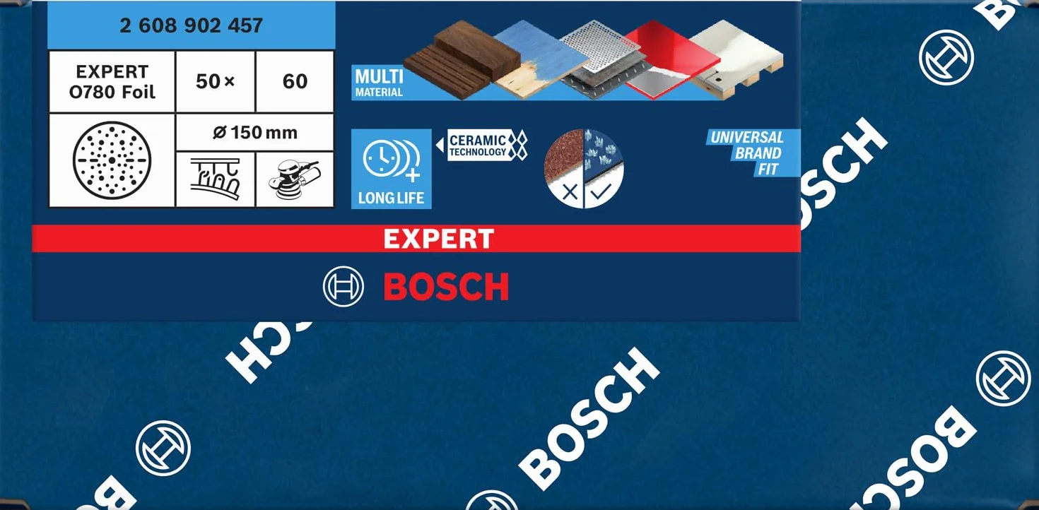 Bosch 50x EXPERT O780 tarcza szlifierska do folii, 150 mm (do twardego drewna, farba na drewnie, Ø 150 mm, ziarnistość 60, profesjonalne akcesoria szlifierka mimośrodowa)