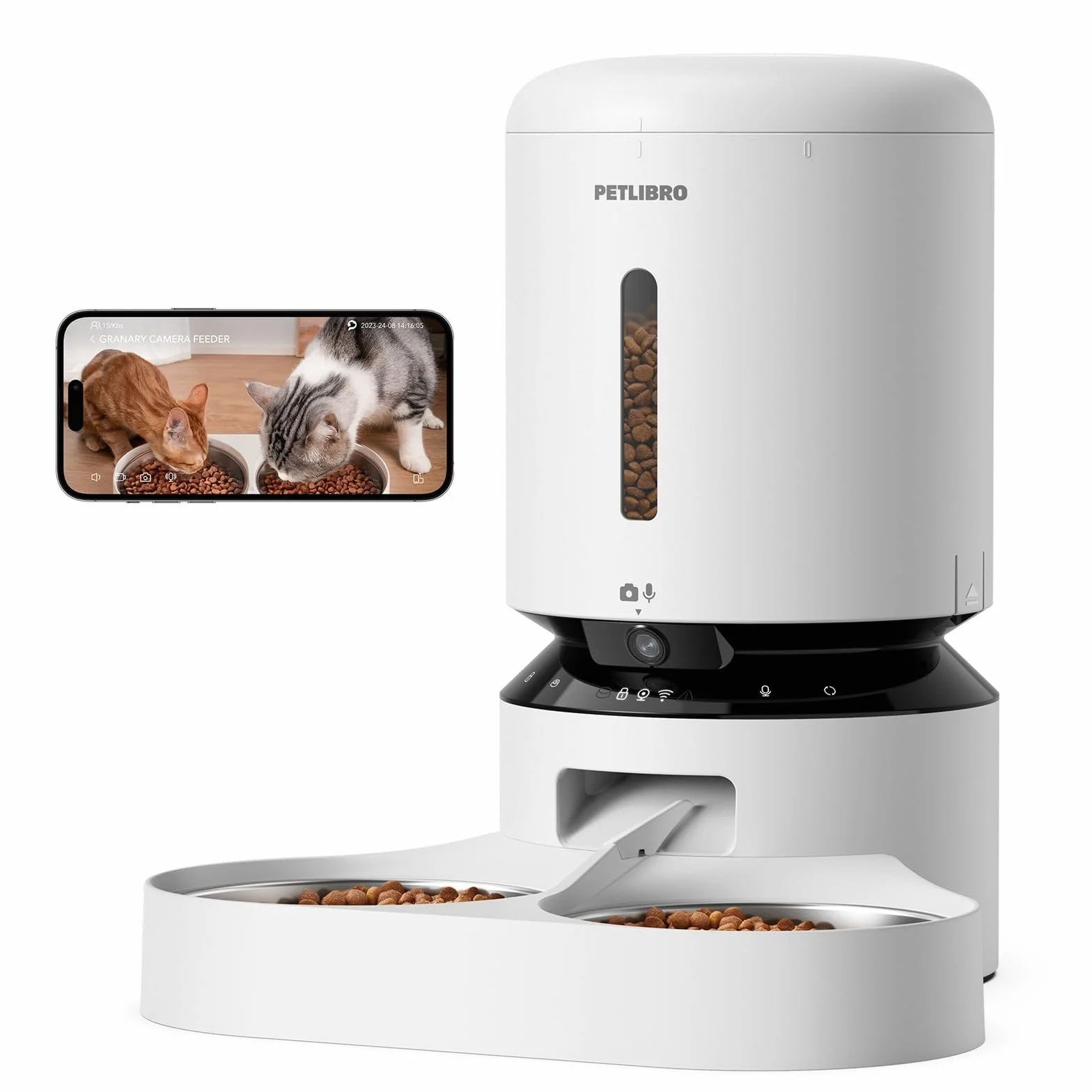 PETLIBRO 5G & 2.4G WiFi automatyczny dozownik karmy dla kotów z kamerą, 5 l 1080P HD automatyczny dozownik karmy dla psów z 2 miskami ze stali nierdzewnej, 1-10 past/dzień, sterowanie aplikacją, USB i