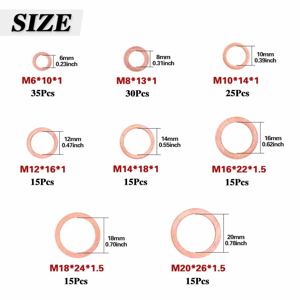 Swpeet 165 szt. 8 rozmiarów Miedziane metryczne podkładki uszczelniające Różne płaskie podkładki, w tym M6 M8 M10 M12 M14 M16 M18 M20 Idealne do połączeń elektrycznych