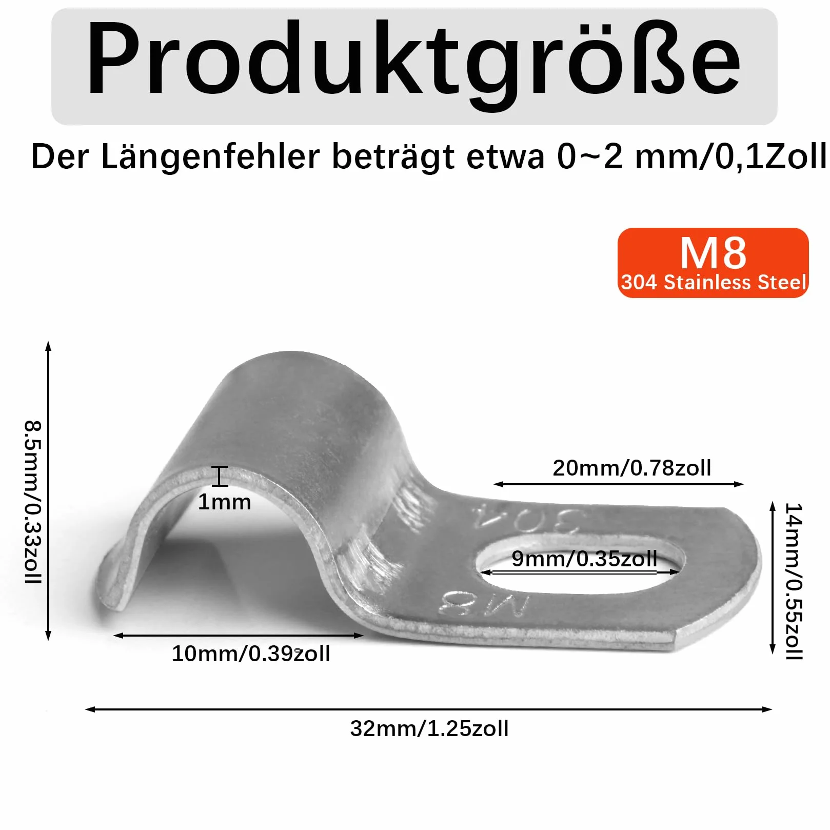 30 x metalowe obejmy kablowe, metalowe obejmy do rur, M8 V2A stal nierdzewna 304, mocowanie rury, klamra do węża, pojedynczy otwór, uchwyt rurowy, półobejma mocująca, mocowanie kabla do kabli Ø 8 mm