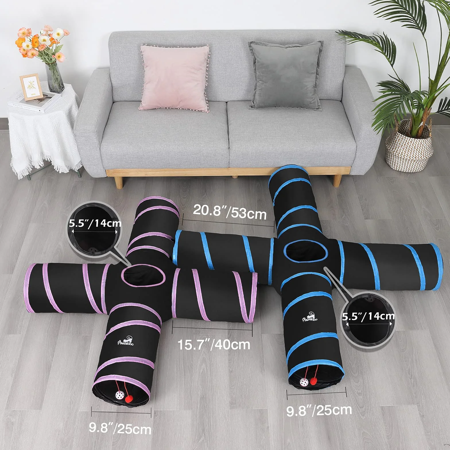 Pawaboo Zabawki dla kotów, tunel dla kota, tunele 4-kierunkowe, 25 x 53 cm, wysuwany składany namiot do zabawy dla kota, interaktywna zabawka, labirynt, domek dla kota i dzwonków, dla kota, kotka,