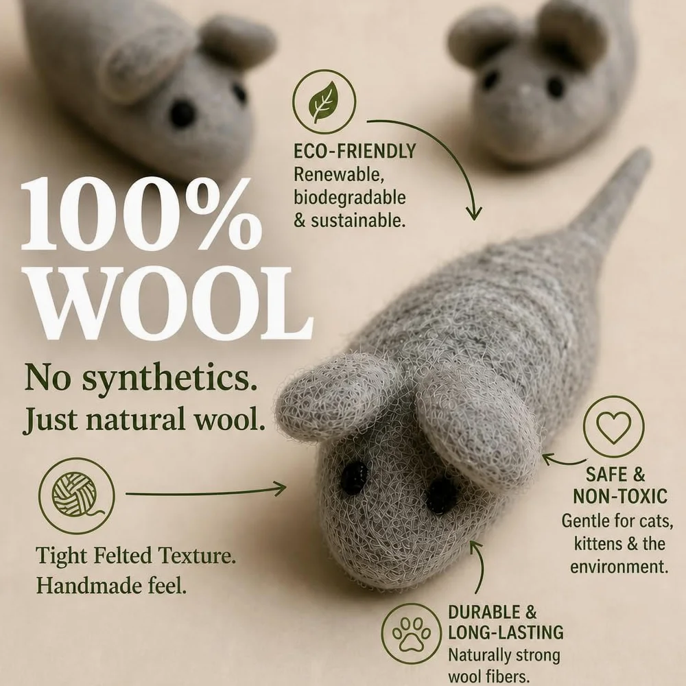 Felt Cat Toys - 3 wełniane zabawki z myszy dla kotów i kotów, kolor may vary, duże, ręcznie robione mice