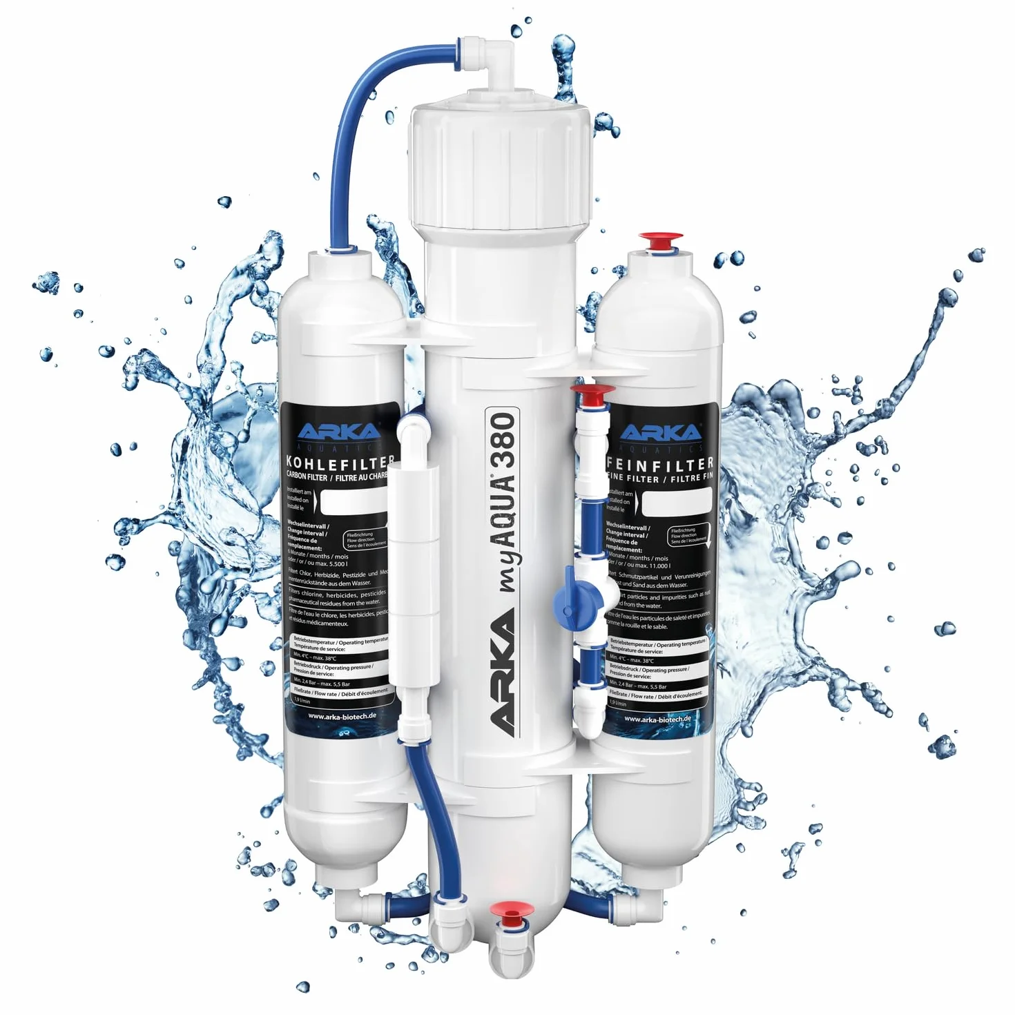 ARKA myAQUA® 380 system odwróconej osmozy na 380 l dziennie. Filtr wody i zmiękczacz do 99% zanieczyszczeń, sól i bakterie z wody. Idealny do każdego gospodarstwa domowego.