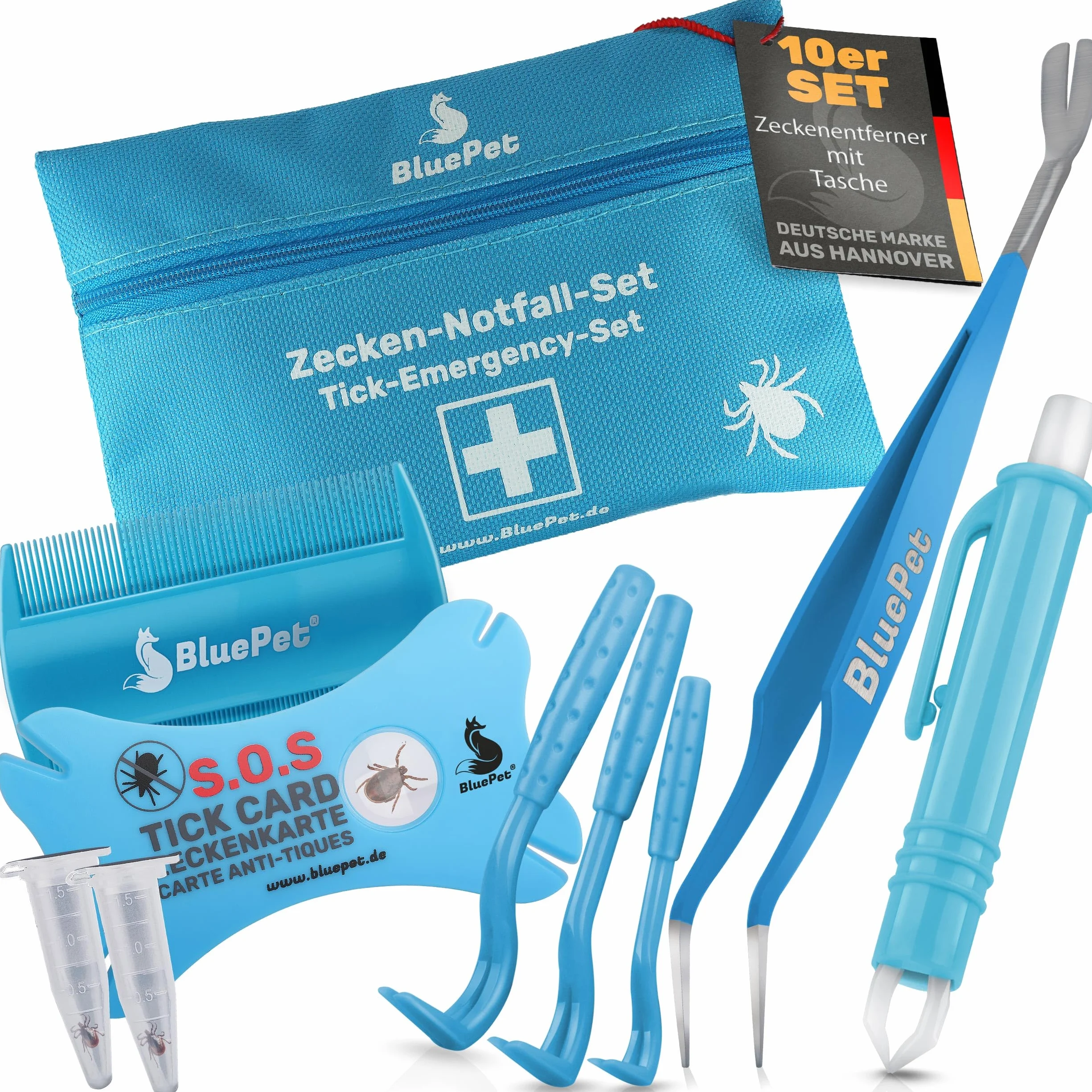 BluePet Zestaw 10 szt. z torbą do usuwania kleszczy dla psów, kotów, koni i ludzi, ze szczypcami do kleszczy, dźwignią do kleszczy, pęsetą do kleszczy, karta przeciw kleszczom I alternatywa dla