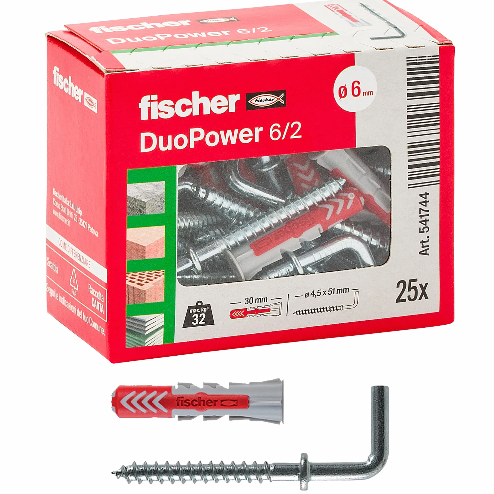 Fischer 541744 Duopower kołki hakowe, szare/czerwone, 25 szt., sztuka