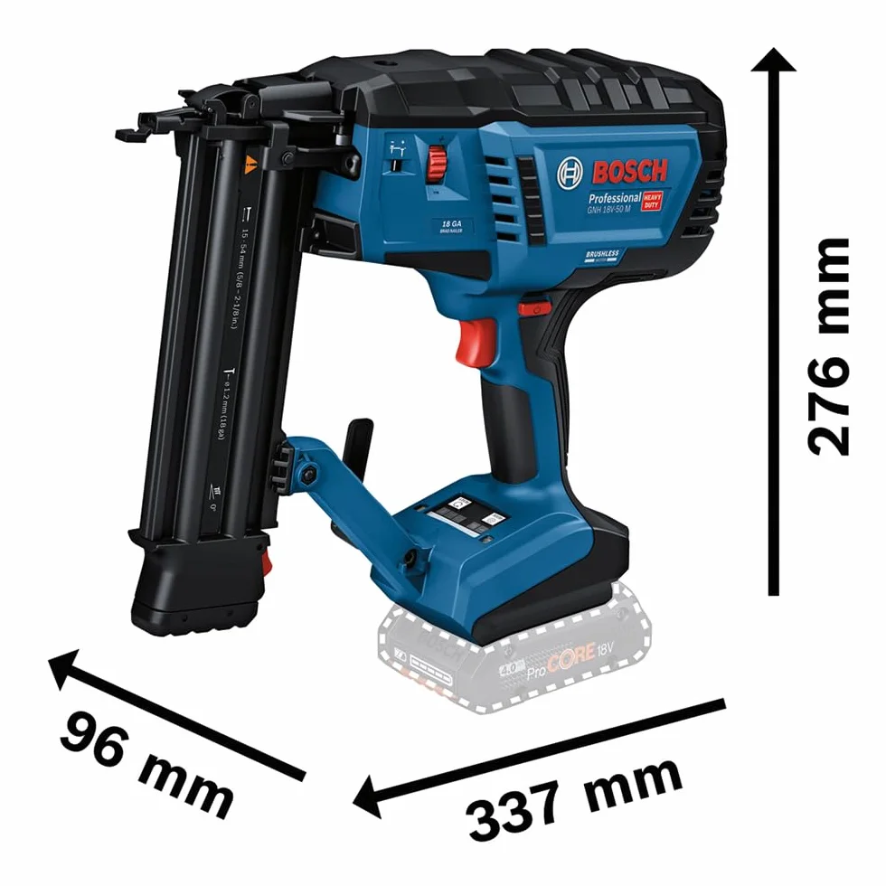Bosch Professional 18 V System akumulatorowy gwoździarka do drewna GNH 18 V-50 M (wyzwalanie pojedyncze/kontaktowe, nadaje się do następujących gwoździ: 16-54 mm, 18 ga (1,2 mm) i kąt magazynka 0°,