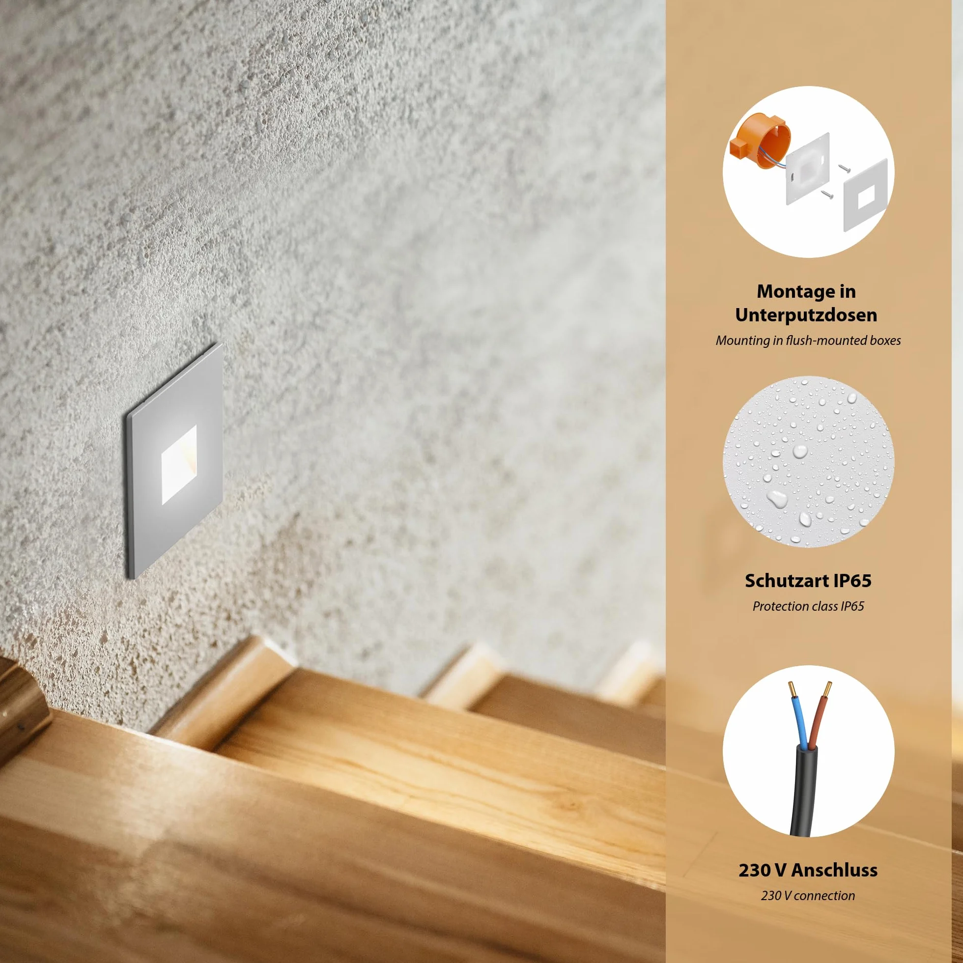 ledscom.de 8 Lampa schodowa LED/wpuszczana lampa ścienna FOW do wnętrz i na zewnątrz, downlight, kątowa, 85 x 85 mm, chłodna biel