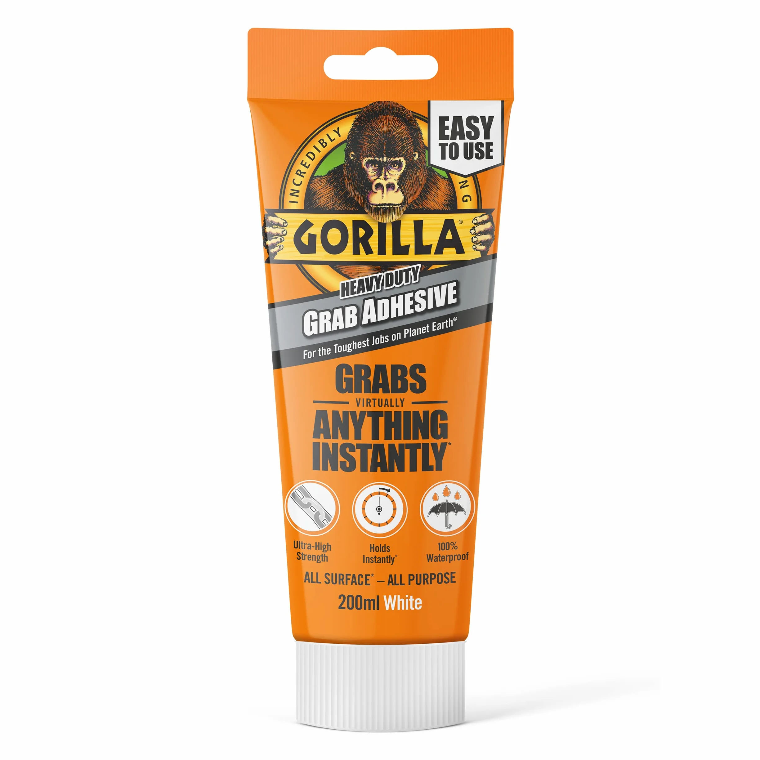 Gorilla Wytrzymały biały klej do chwytania tubka 200 ml – uniwersalny, bardzo wysoka wytrzymałość, natychmiast się trzyma, w 100% wodoodporny i odporny na temperaturę