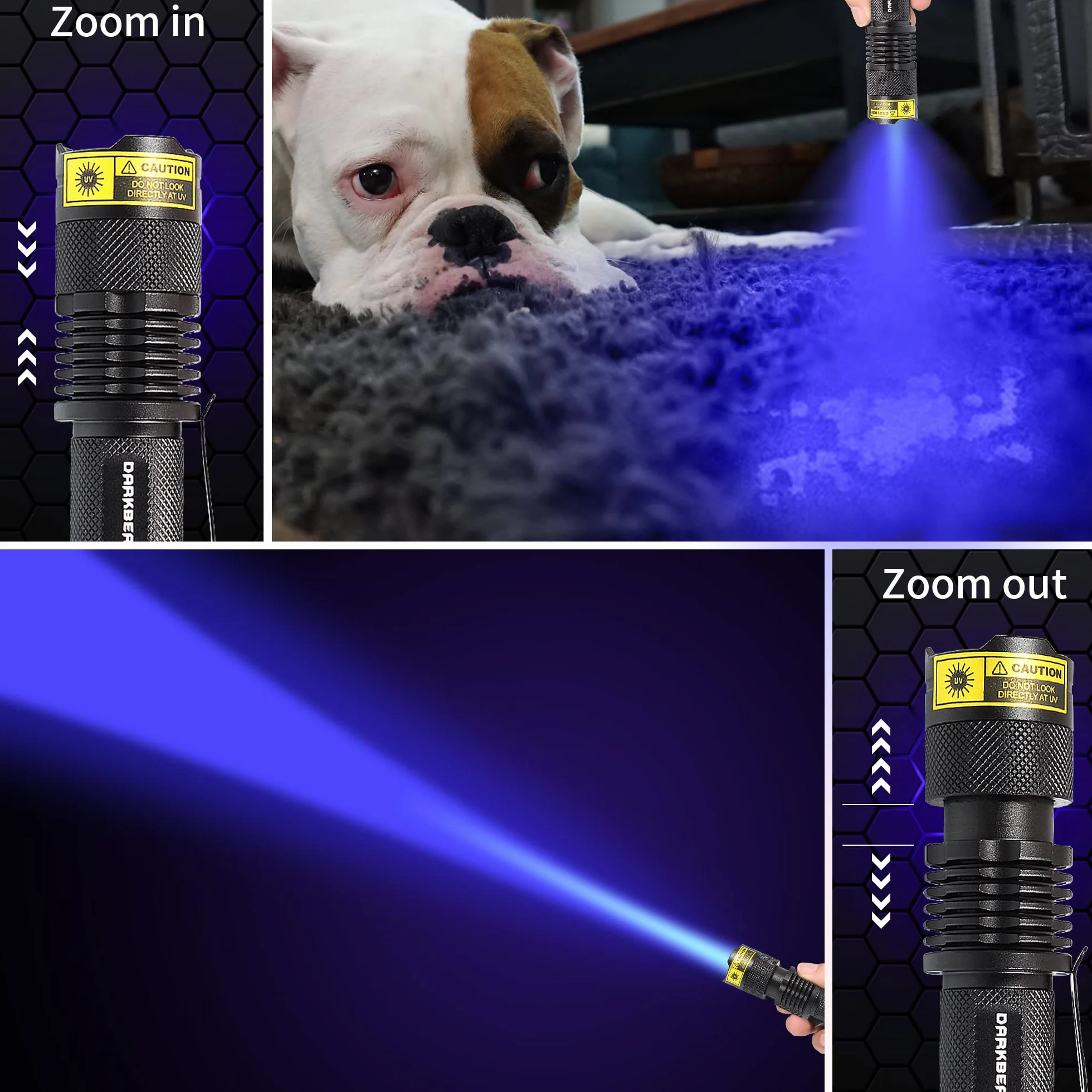 DARKBEAM Latarka UV 365 nm Światło Wood's Lampa Blacklight Ultrafioletowe LED Mini Torebka Detektor Plam Psiego Moczu Zwierząt 370 nm Identyfikacja Antyfałszerstw, Utwardzanie Żywicą