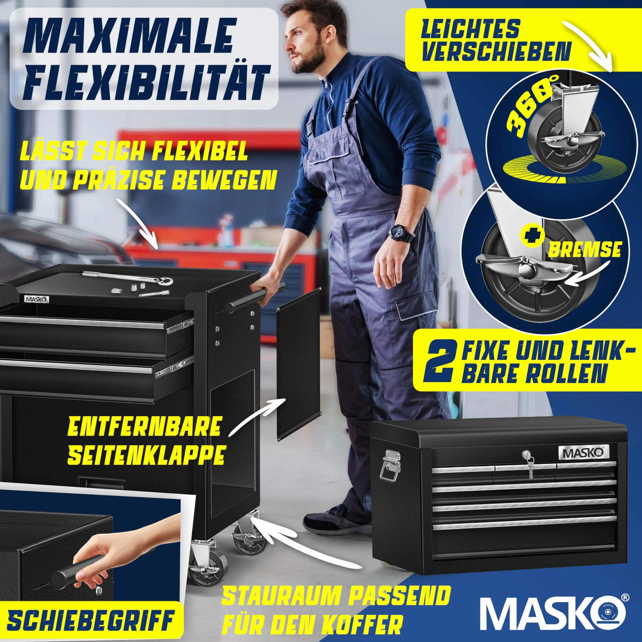 MASKO Wózek warsztatowy z walizką 9 przegródek zamykany metal czarny