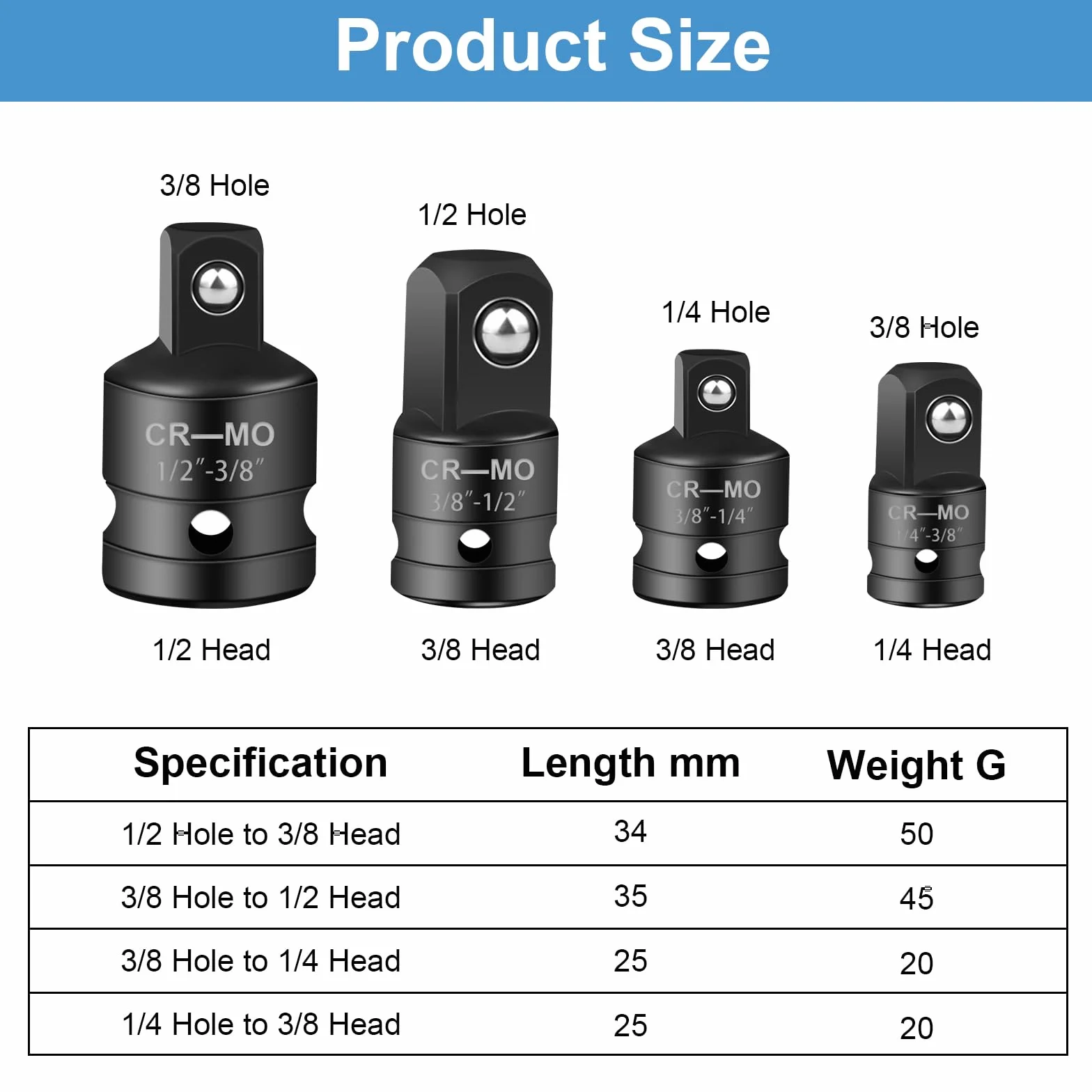 Zestaw adapterów, 4 sztuki adapterów do gniazda adaptera grzechotkowego konwertera, zestaw adapterów 1/4 na 3/8, 3/8 na 1/4, 3/8 na 1/2, 1/2 na 3/8 na 3/8 do kluczy nasadowych