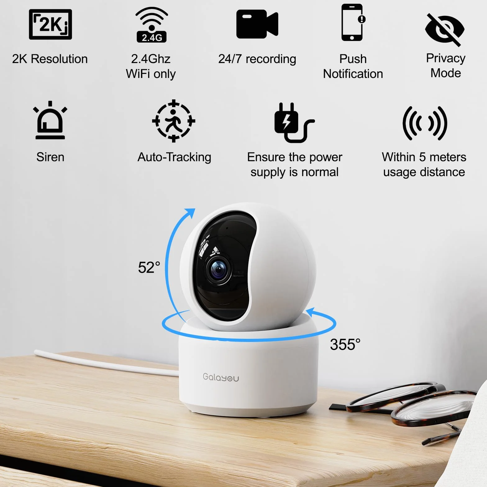 GALAYOU Kamera 2K WiFi dla zwierząt domowych, do użytku domowego, dla psa, kota, monitorowania dziecka, bezprzewodowa 360°, śledzenie ruchu, noktowizor, 2-drożny dźwięk, G2 (2P)