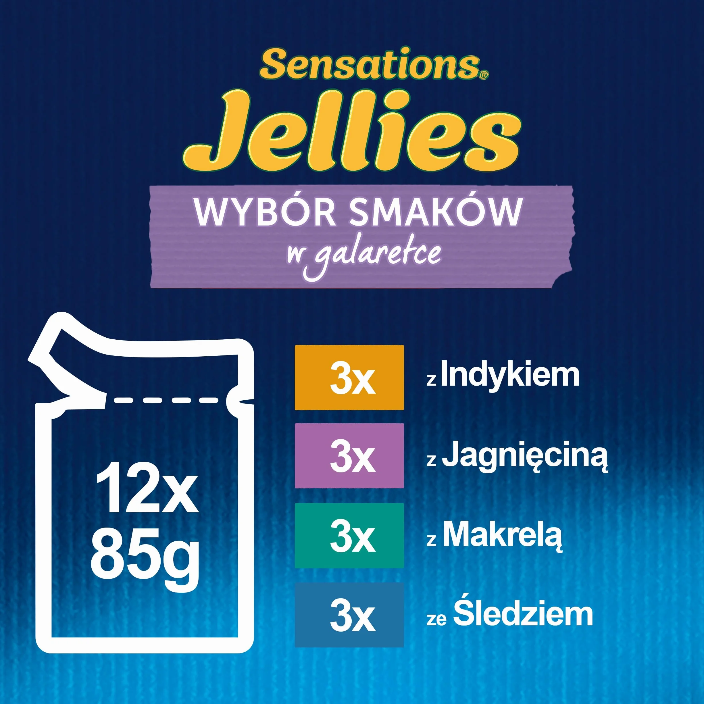 FELIX SENSATIONS JELLIES Wybór smaków | Karma mokra dla dorosłych kotów | Makrela, Śledź, Jagnięcina, Indyk | 12x85g