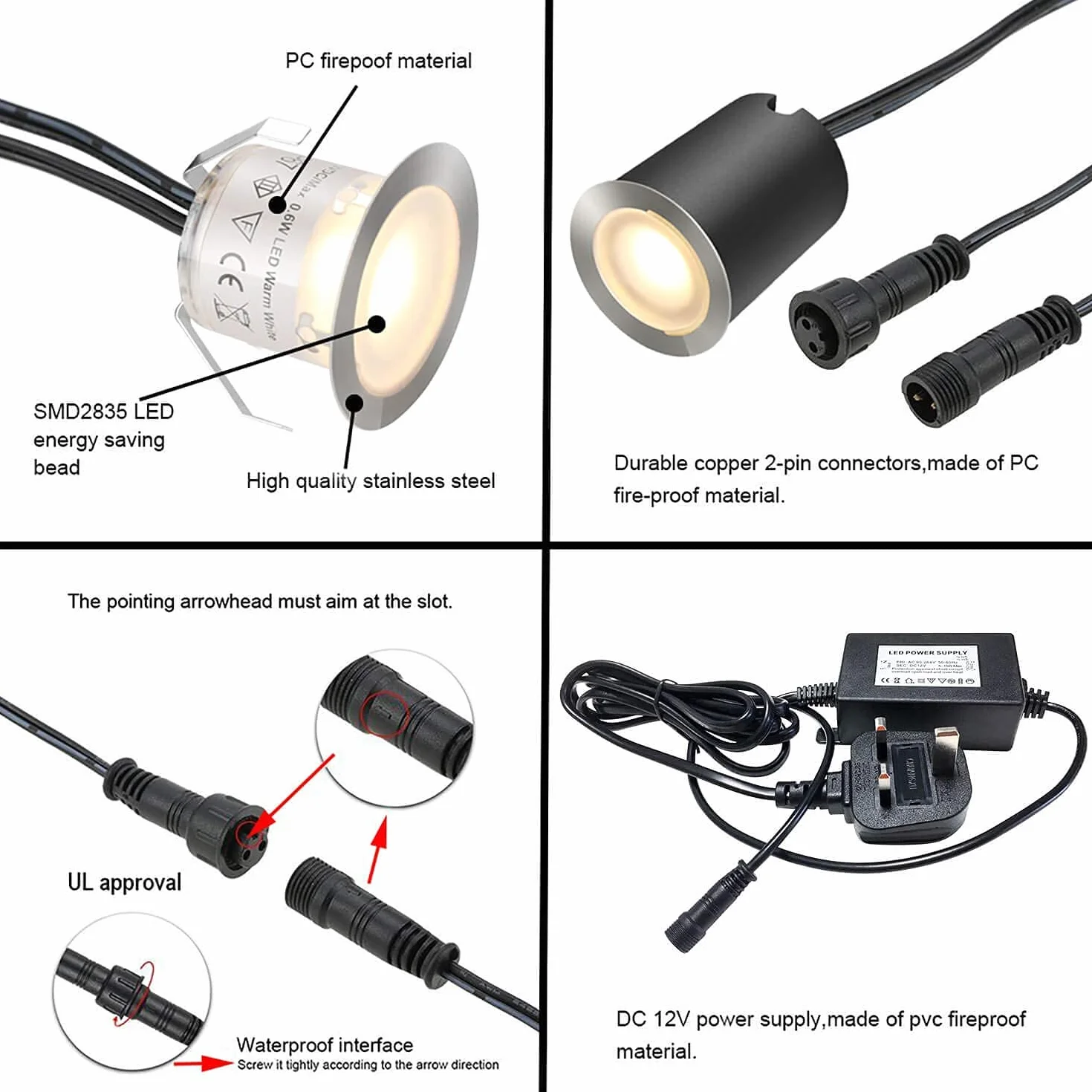 SMY Zestaw 10 sztuk wpuszczanych reflektorów LED, wodoszczelność IP67, Ø 32 mm, zewnętrzne reflektory wpuszczane na taras, drewno, basen, ogród, drewniane schody (z wtyczką UE) (10 diod LED, ciepła