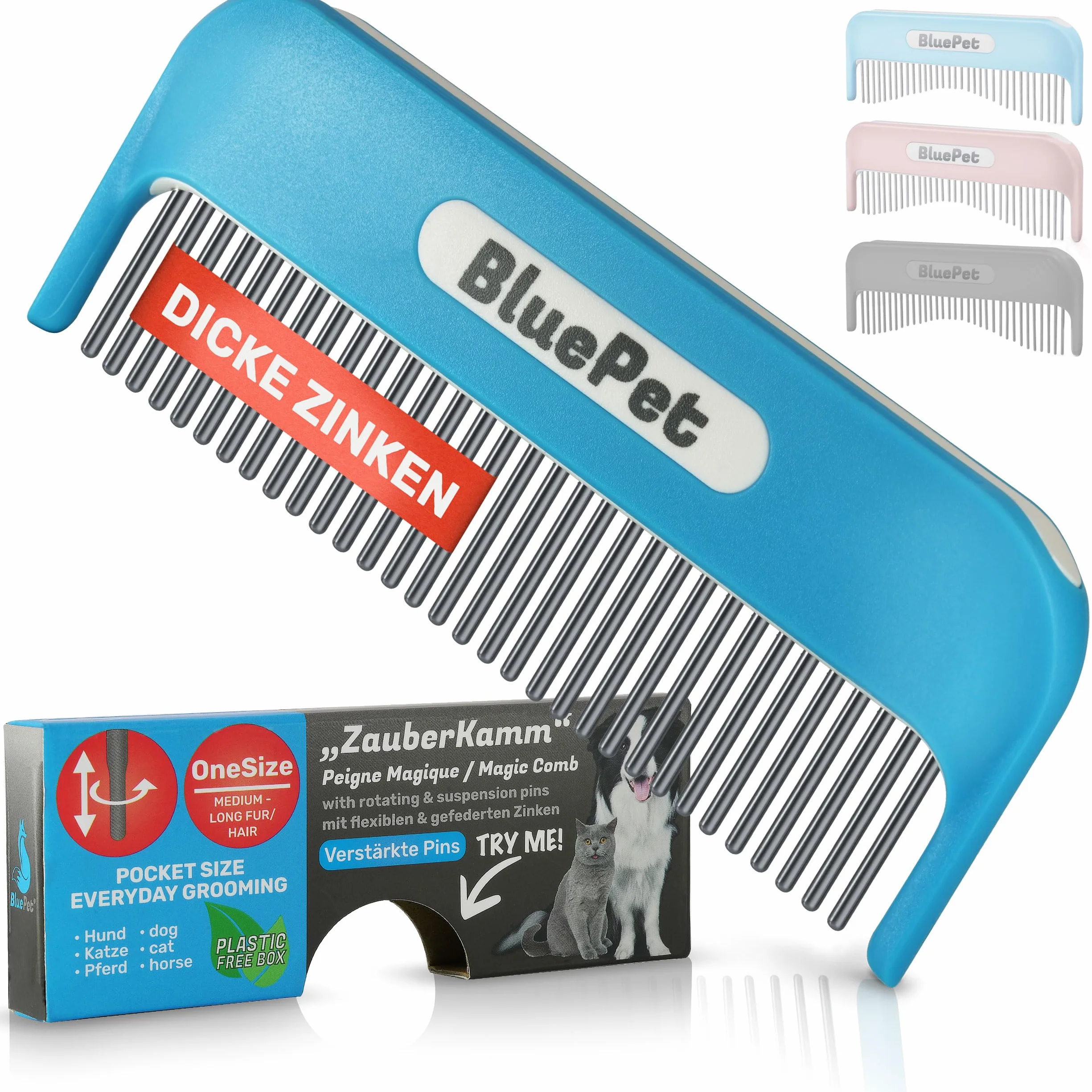 BluePet Magiczny grzebień dla kotów i psów do długich włosów, eliminuje sęki, wzmocnione zęby, niebieski