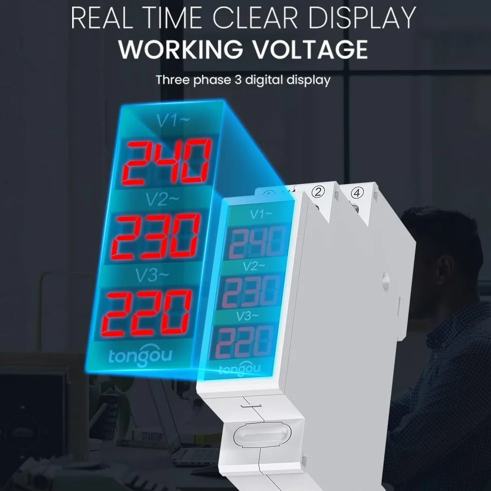 Mini modular Din Rail Mount trójfazowy miernik napięcia z cyfrowym wyświetlaczem LED – Ac 60-450 V Gauge Detektor TONGOU