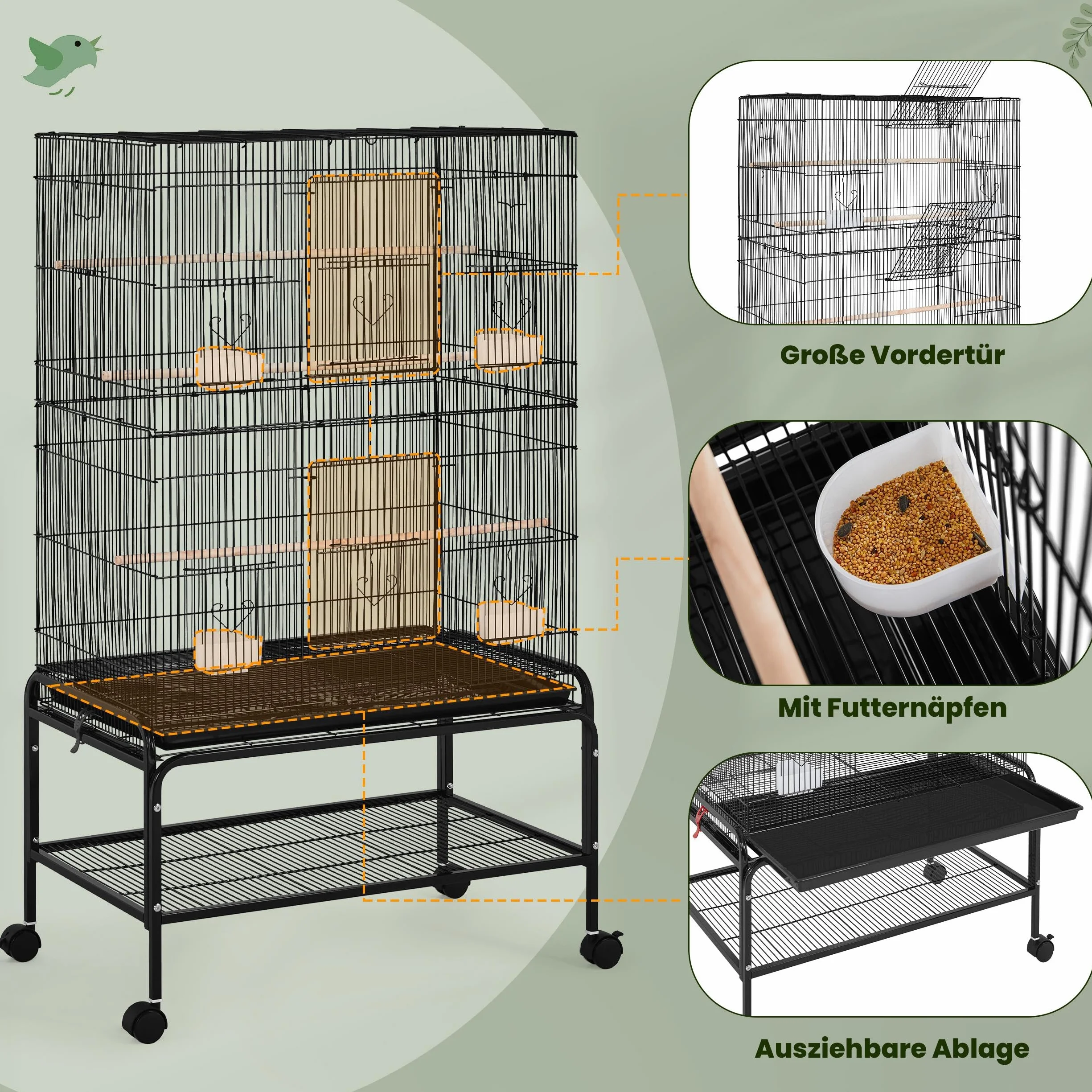 Yaheetech Klatka dla ptaków duża 79x49x134,5 cm woliera z 3 drążkami 6 drzwiami 4 miski na karmę wannę