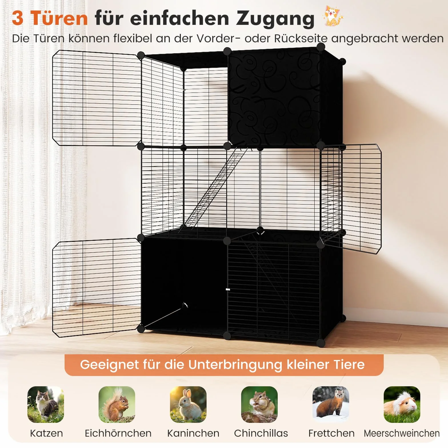 COSTWAY Klatka dla kotów, 3-poziomowa, ze zdejmowanym placem zabaw Catio i 2 rampami, "zrób to sam", metalowa klatka dla kotów, małych zwierząt, domek dla kotów na balkon, do wnętrz, 74 x 47 x 110 cm
